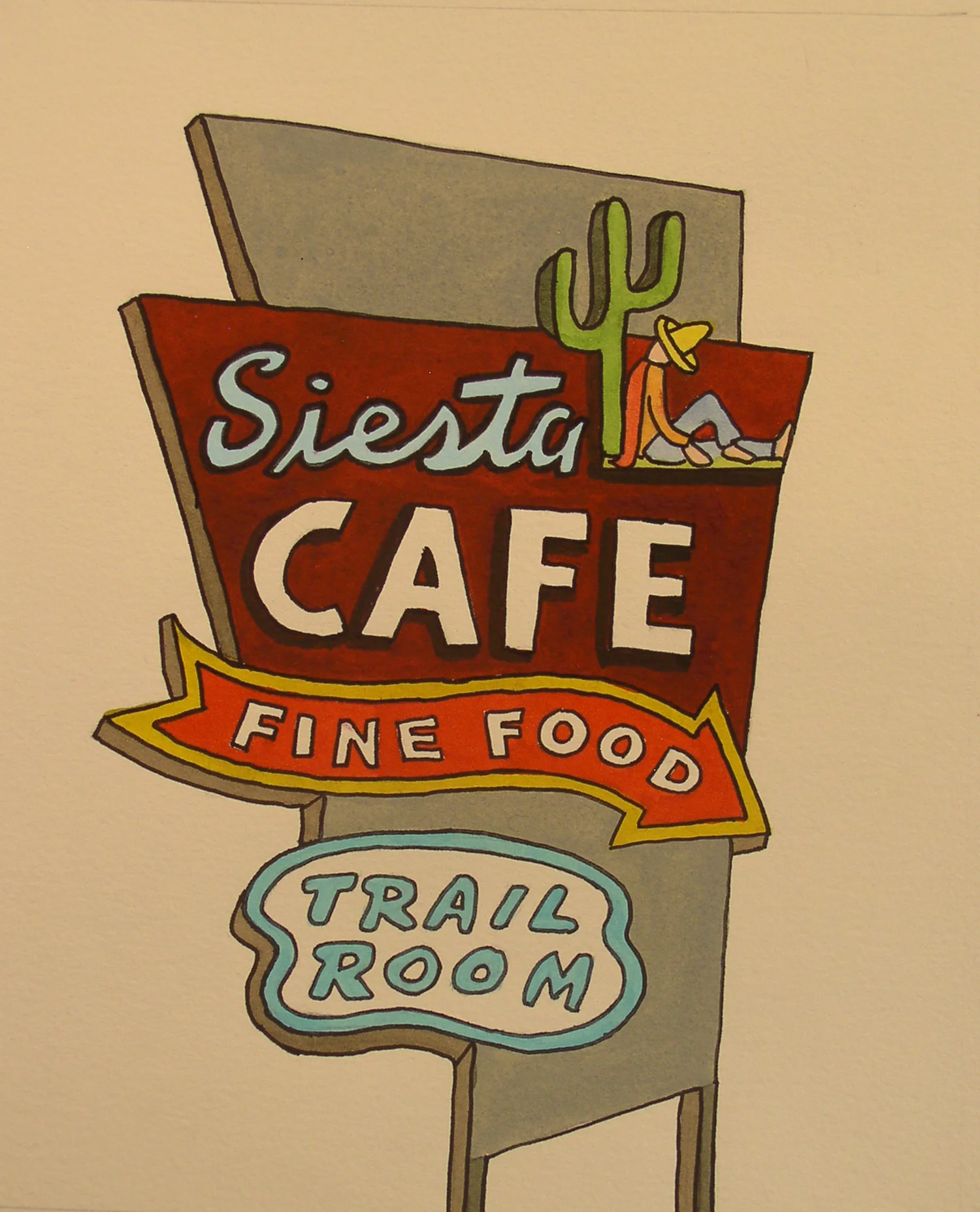 Siesta Cafe, watercolor on paper, 16" x 12" framed, $250.