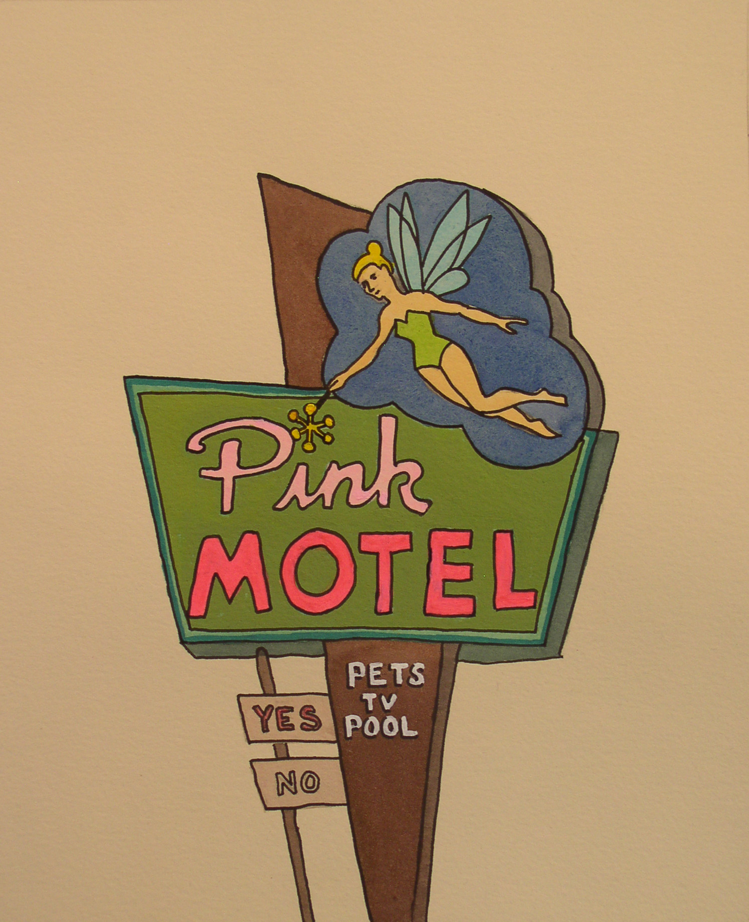 Pink Motel, watercolor on paper, 16" x 12" framed, $250.