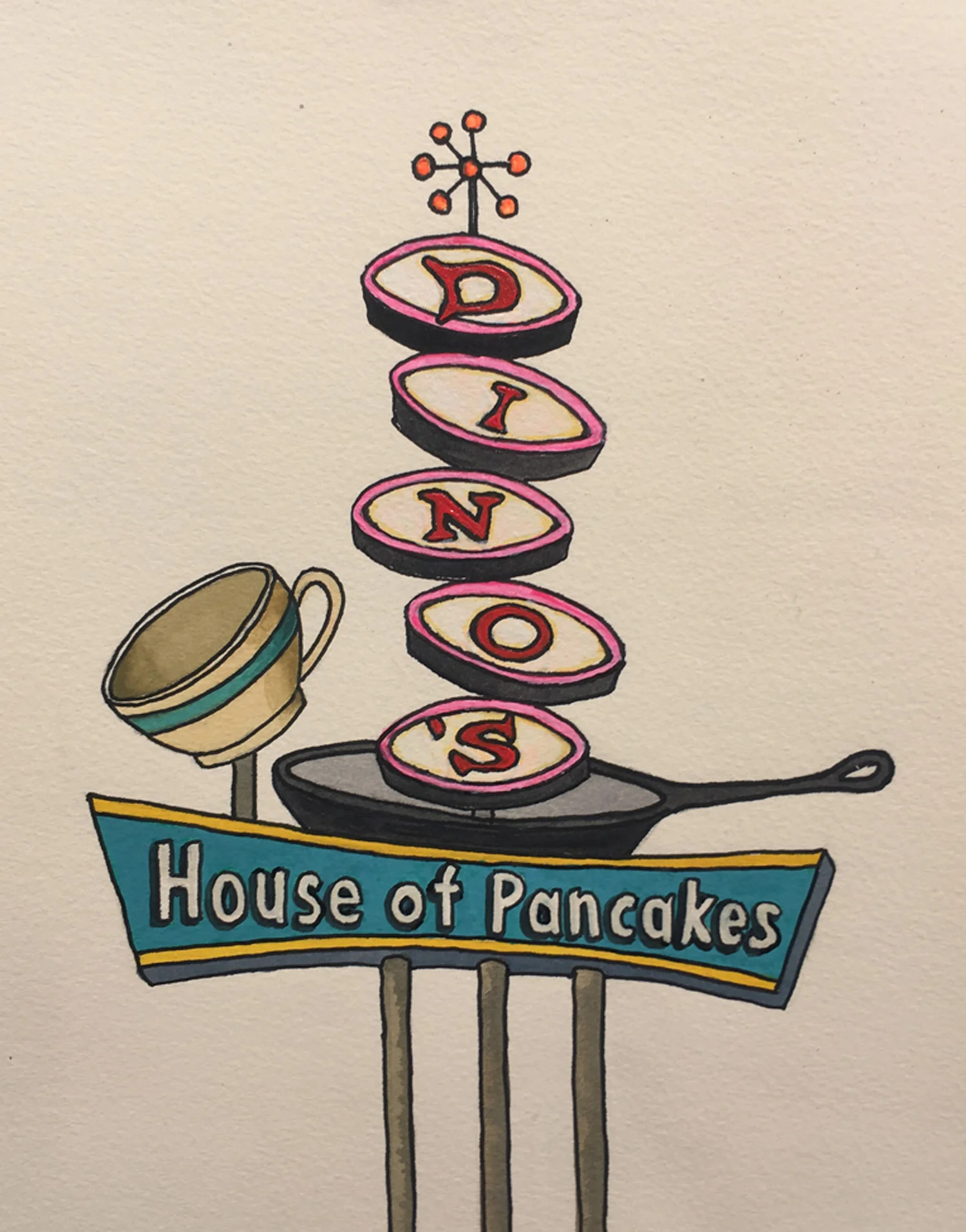 Dino's House Of Pancakes, watercolor & ink on paper, 9” x 7.5” image size 16” x 12” framed size, $250.