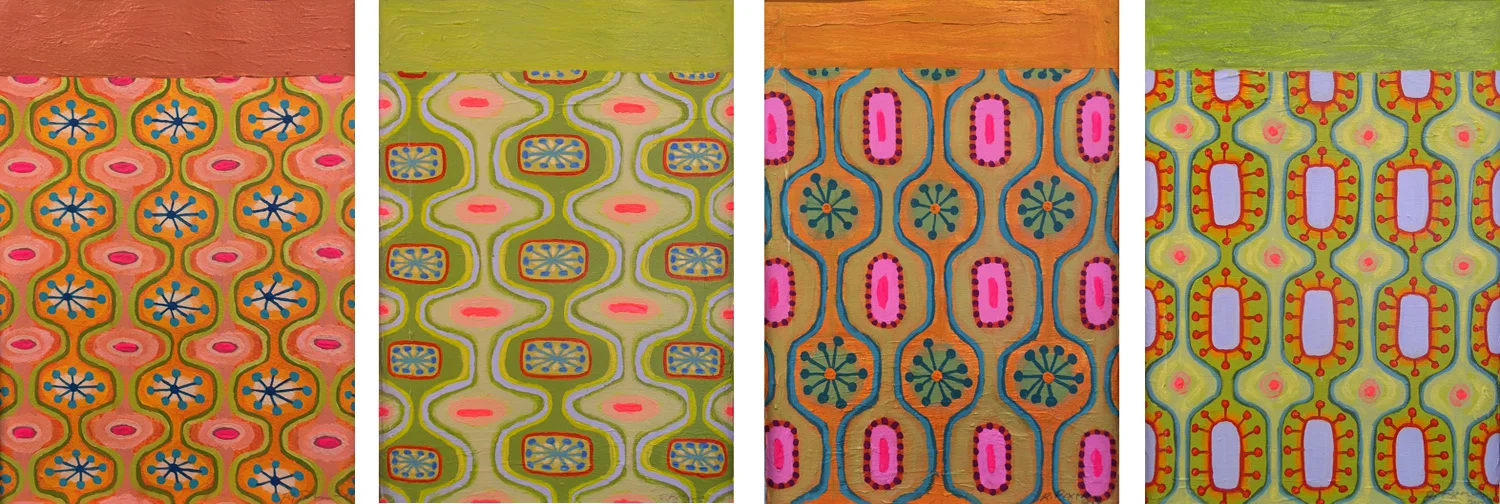 Trippy #1-#4, acrylic on paper, 13.5" x 10" image size, 20" x 16" matted sized, $400. each