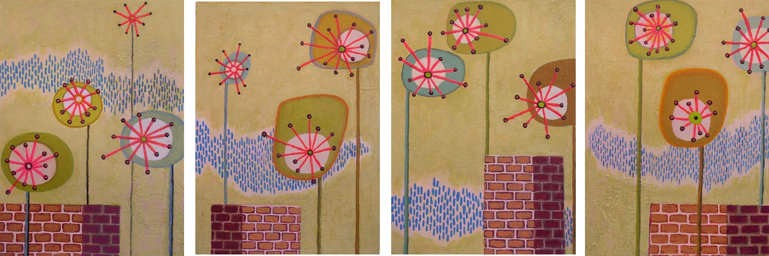 Urban Garden #1-#4, acrylic on paper, matted size 20" x 16", $400. each
