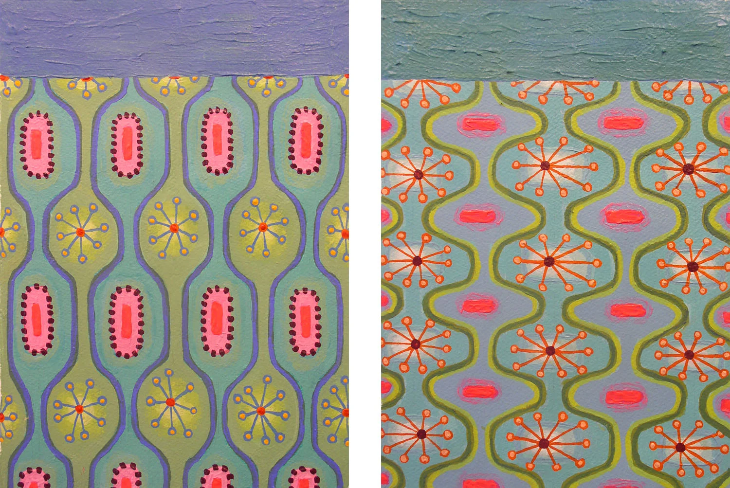 Trippy #6 & #7, acrylic on paper, 14" x 10" image size, 20" x 16" matted size, $400. each