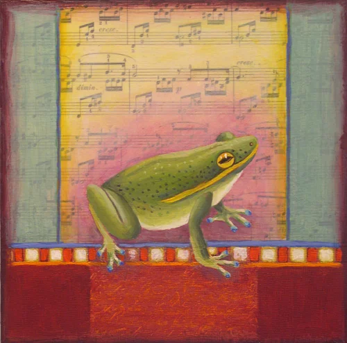 Frog #4, mixed media on panel, 8" x 8", $275.