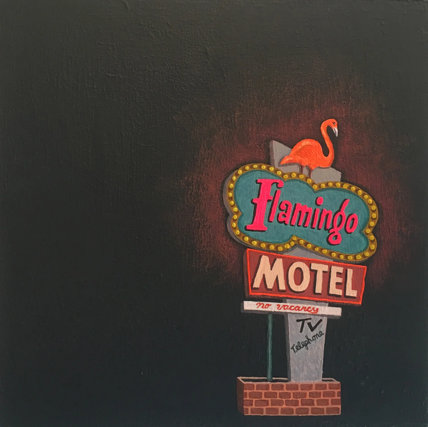 Flamingo Motel, acrylic on panel, 16" x 16", $650.