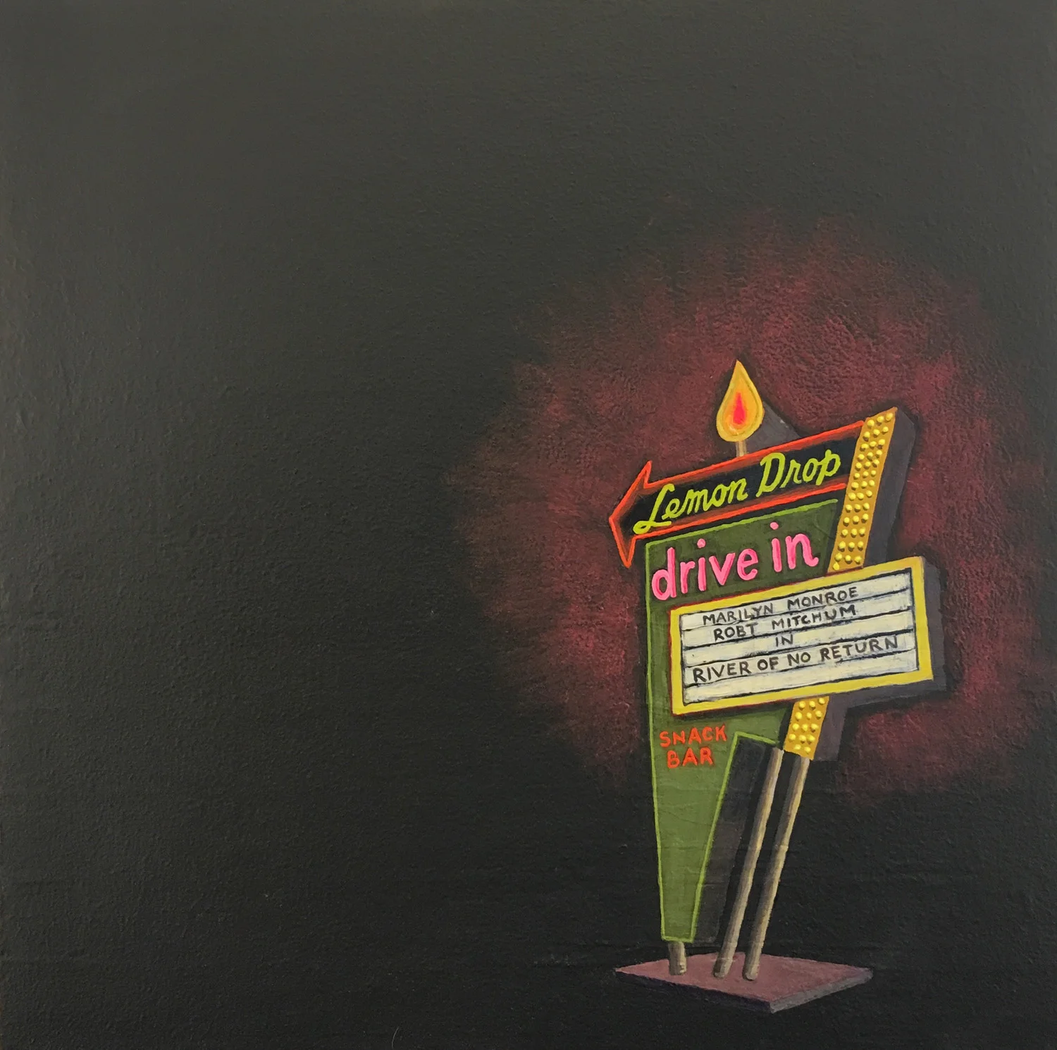 Neon Lemon Drop Drive In, acrylic on panel, 16" x 16", $650.
