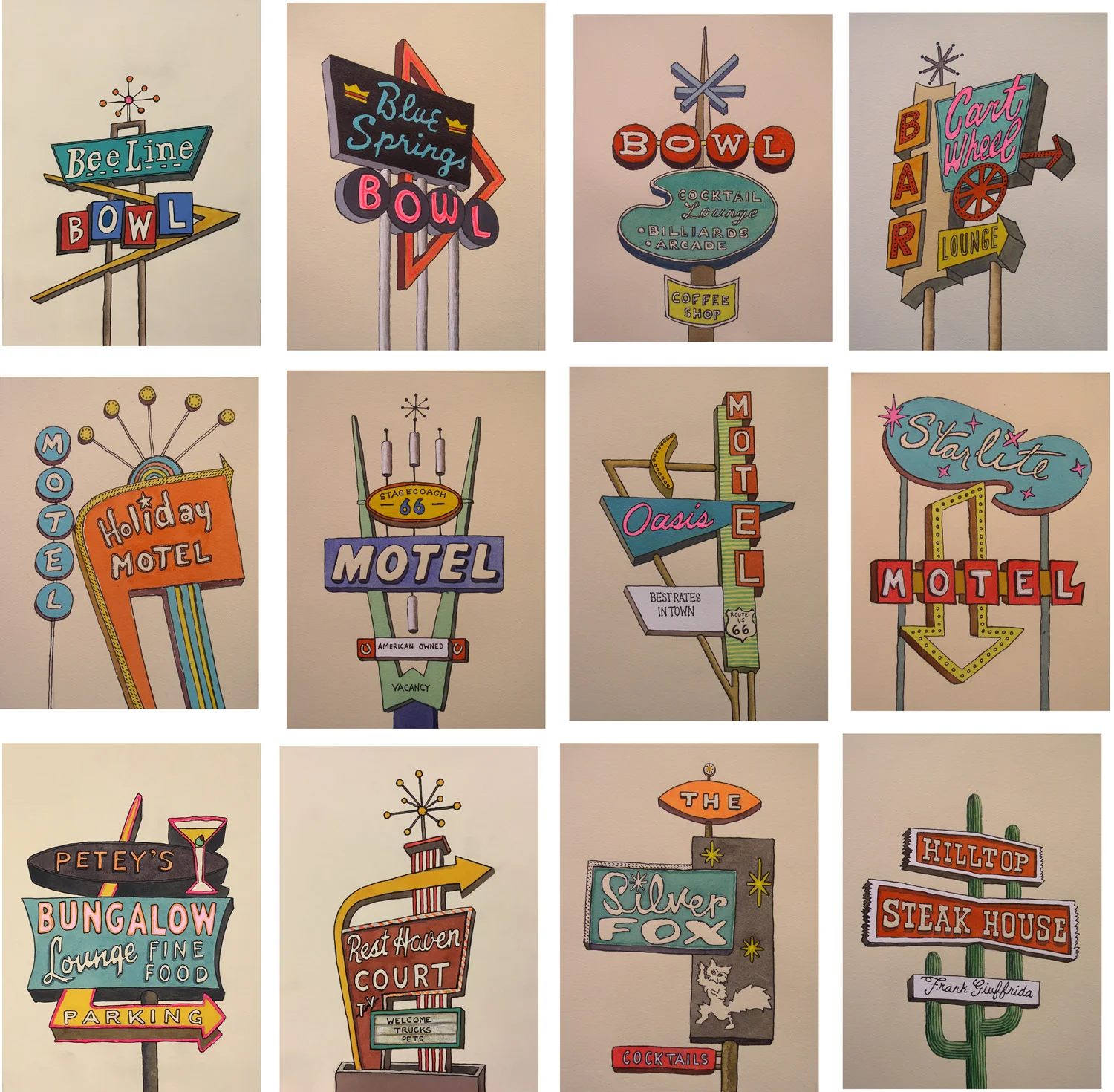 12 Sign Paintings, watercolor and ink on paper, 16”x 12” each SOLD to a collector in Park City, UT