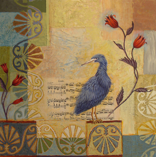 “Sandy Pond Heron”, mixed media on panel, 26” x 26” SOLD to a collector on Martha’s Vineyard