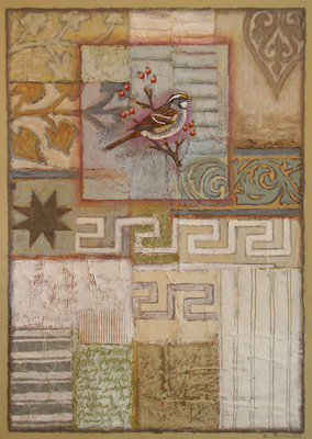 “Atwood Sparrow, mixed media on paper, 26” x 18” SOLD to the Brigham & Woman’s Hospital, Boston, MA