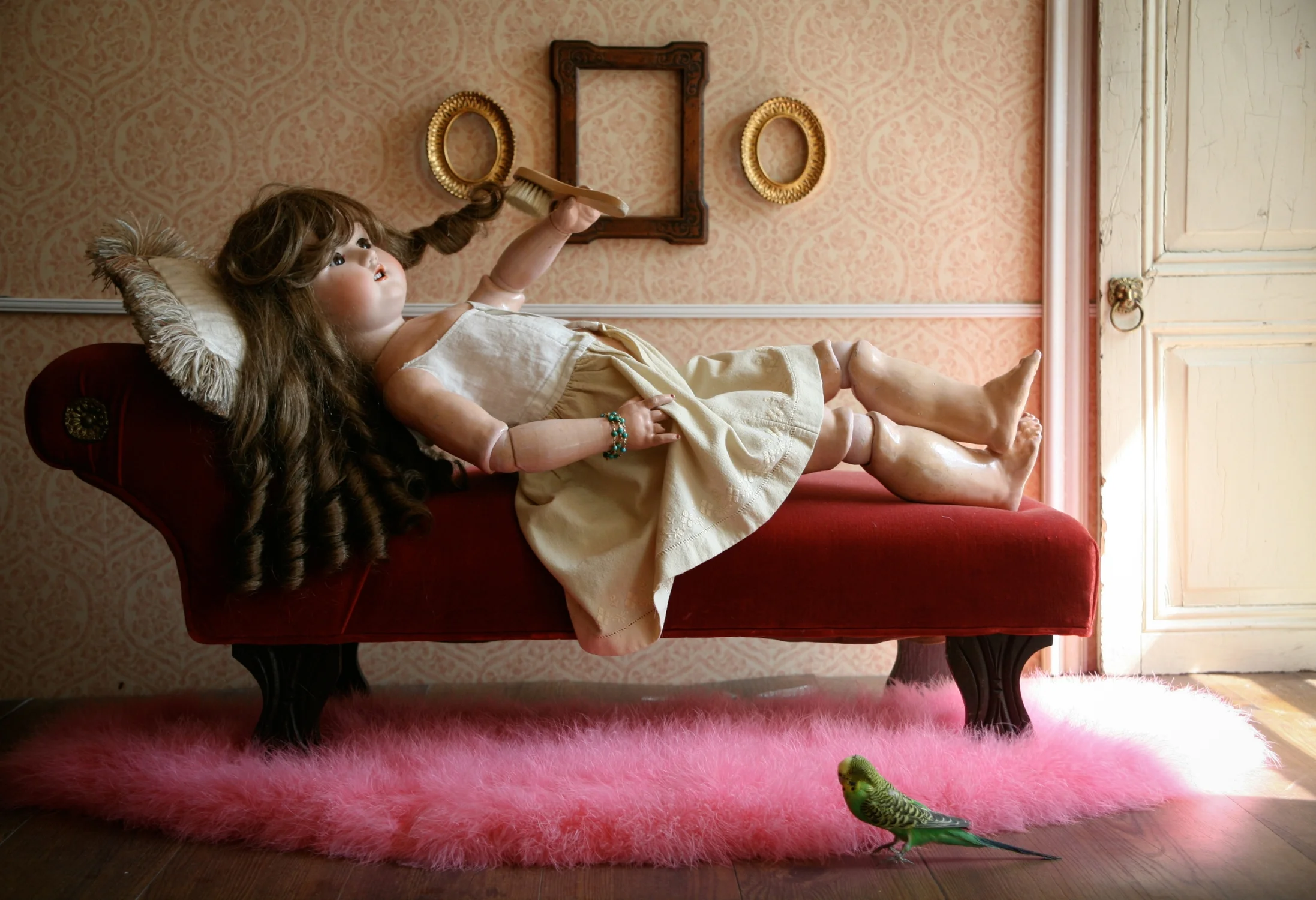 Watching Over me, Assemblage, Armand Marseille German bisque Doll, vintage picture frames, red velvet doll settee, taxidermy parakeet, wooden moldings, feather stole, vintage child brush, 36"x30"x26", 2011
