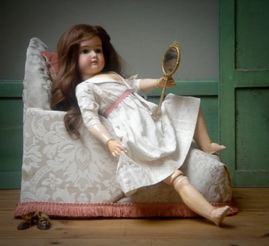 Reflection, Assemblage, antique doll, doll chaise, vintage mirror, doll shoes, antique wooden shutters, 36"x34"x22", 2010