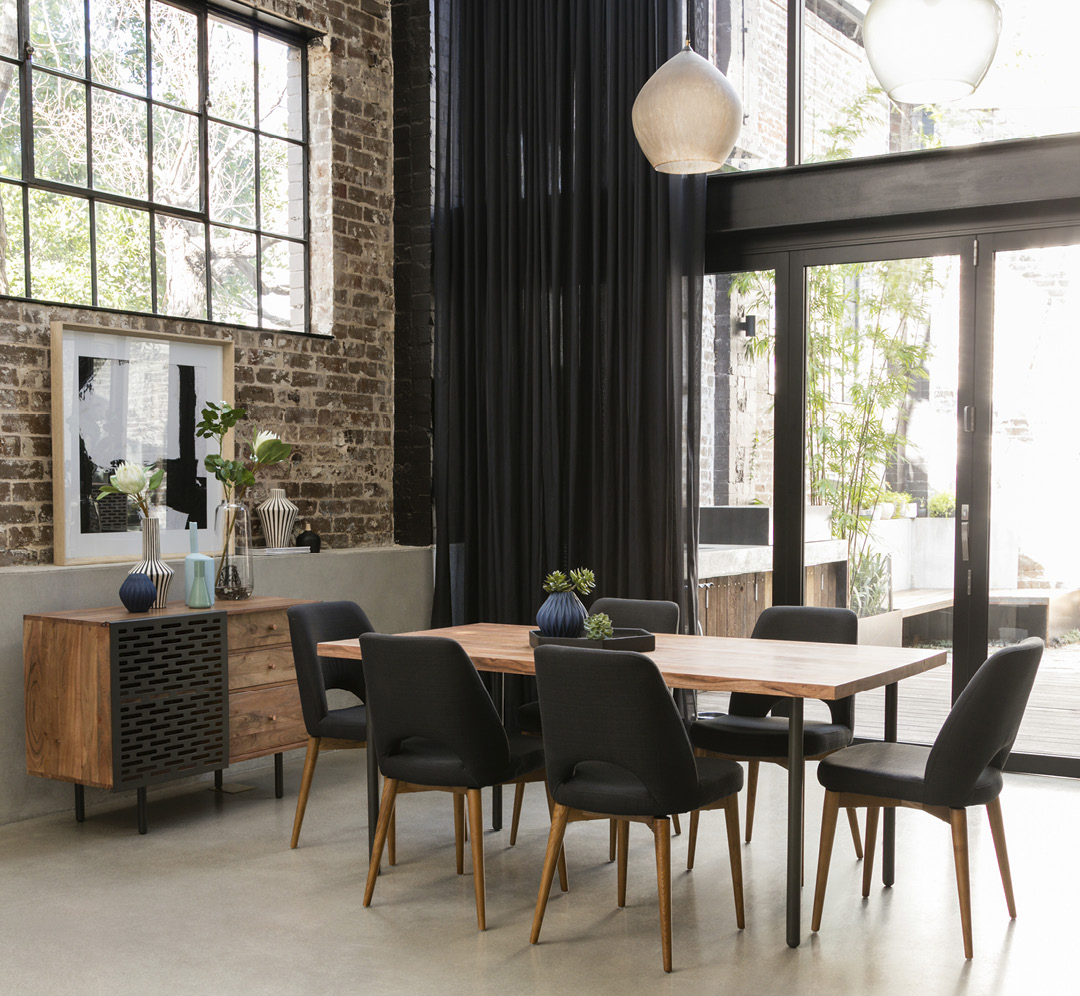 MYLES dining table with JARVIS dining chairs and MYLES buffet