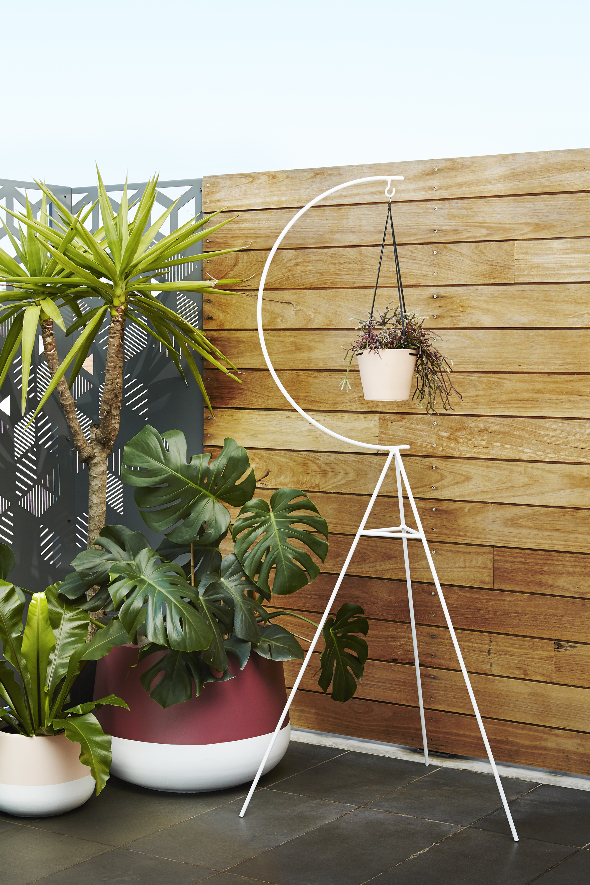 “We have numerous potted plants inside and out to extend a garden-like feel in our dense urban landscape,” explains Nicola. Luum ‘Cup’ pots and Capra Designs ‘Crescent’ plant stand pictured.