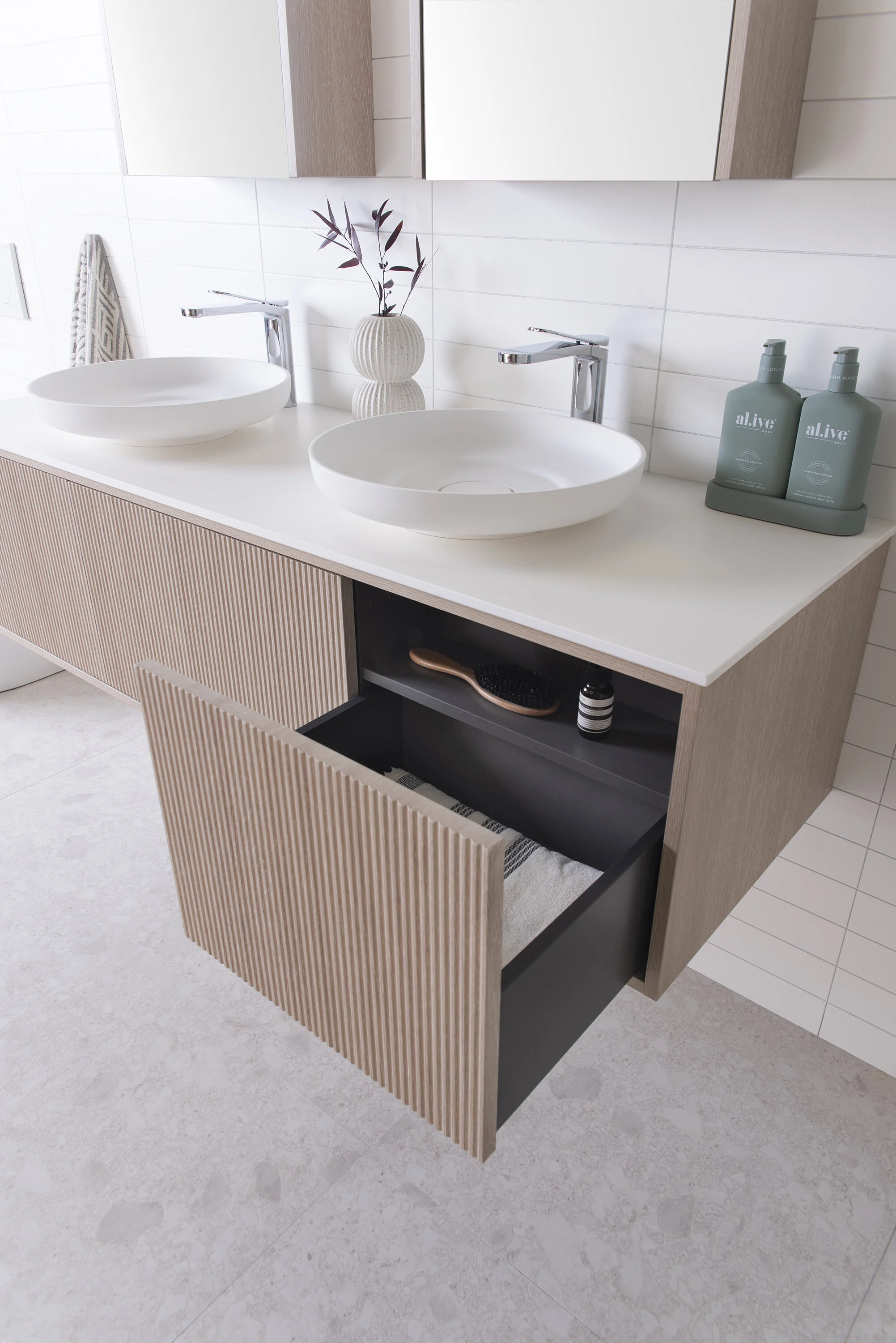 ADP Clifton Vanity with V-Groove woodgrain fronts.