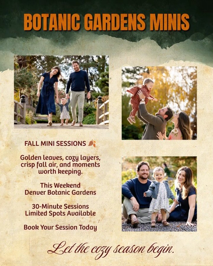 🍂 Fall Minis at the Denver Botanic Gardens! 🍂

We are heading back to one of our absolute favorite Denver locations this weekend for fall mini sessions!

The gardens are looking beautiful right now, making it the perfect backdrop for updated family