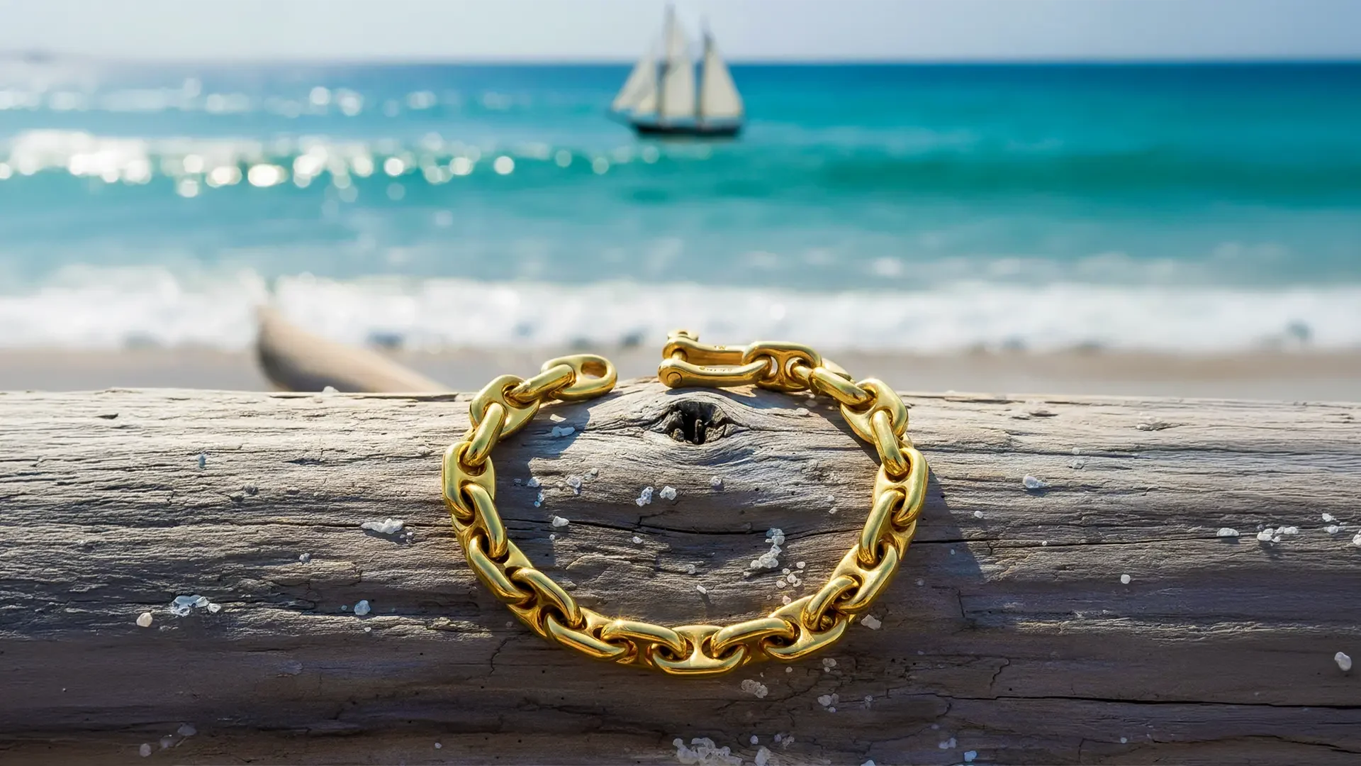 18K yellow gold anchor chain bracelet laying o a piece of driftwood on and empty beach in Hawai"