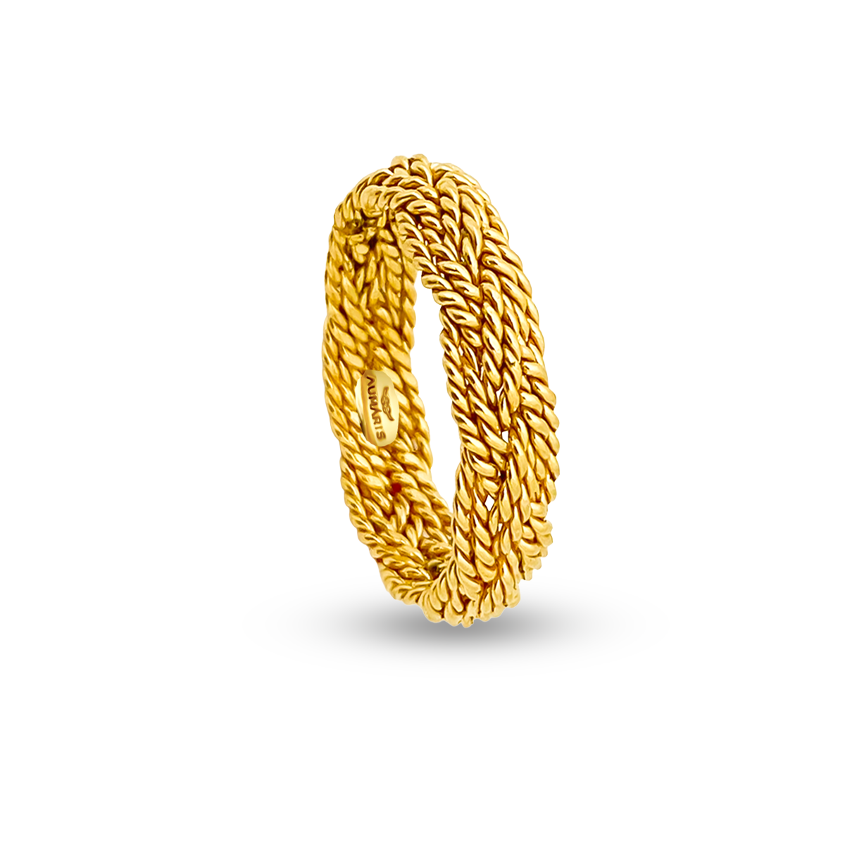 A turk's head yellow gold ring handwoven by Aumaris jewelry