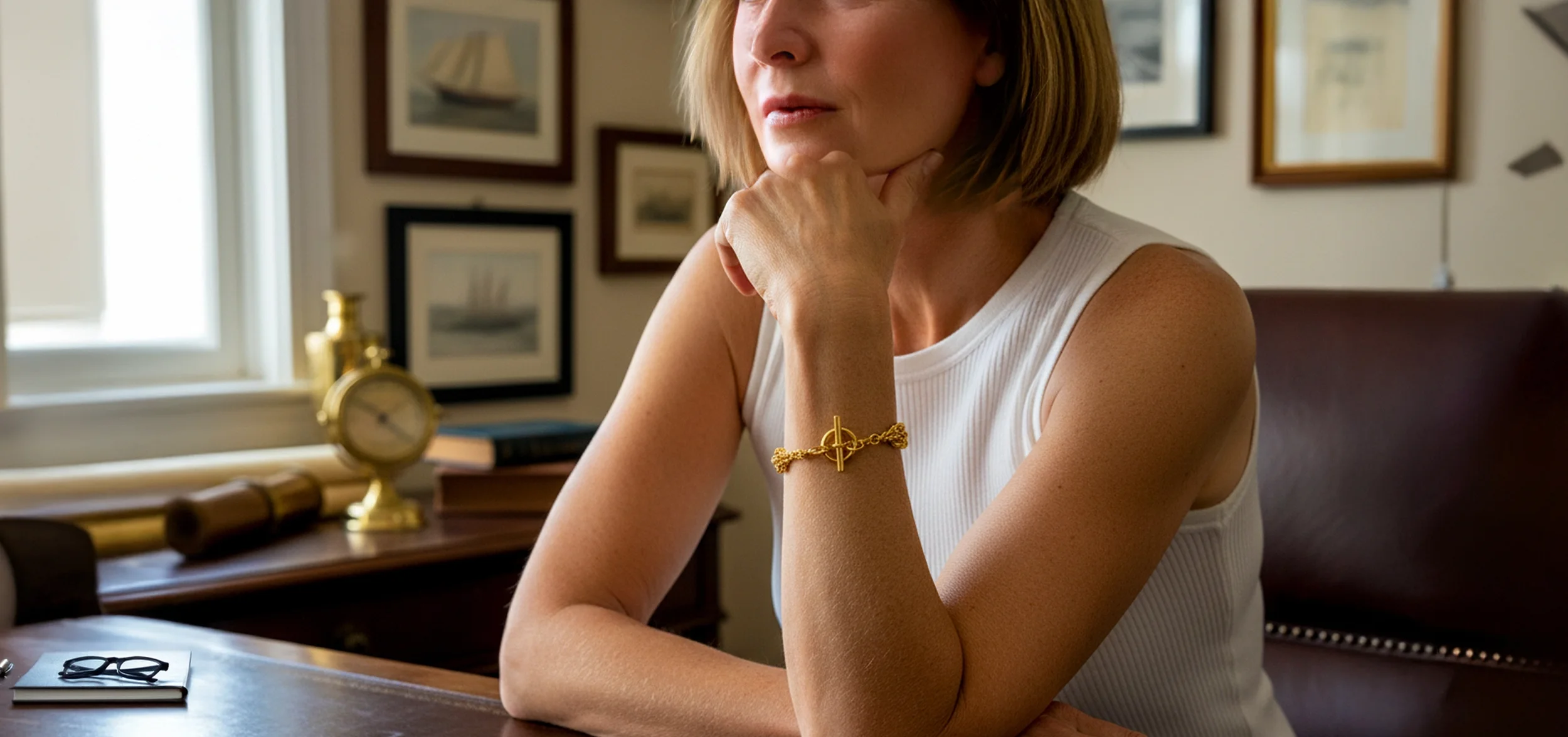 A woman wearing an Aumaris gold knot bracelet white sleeveless, a white sleeveless top, is sitting at a table with a thoughtful expression, resting her chin on her hand. She is wearing a gold bracelet with a toggle clasp.