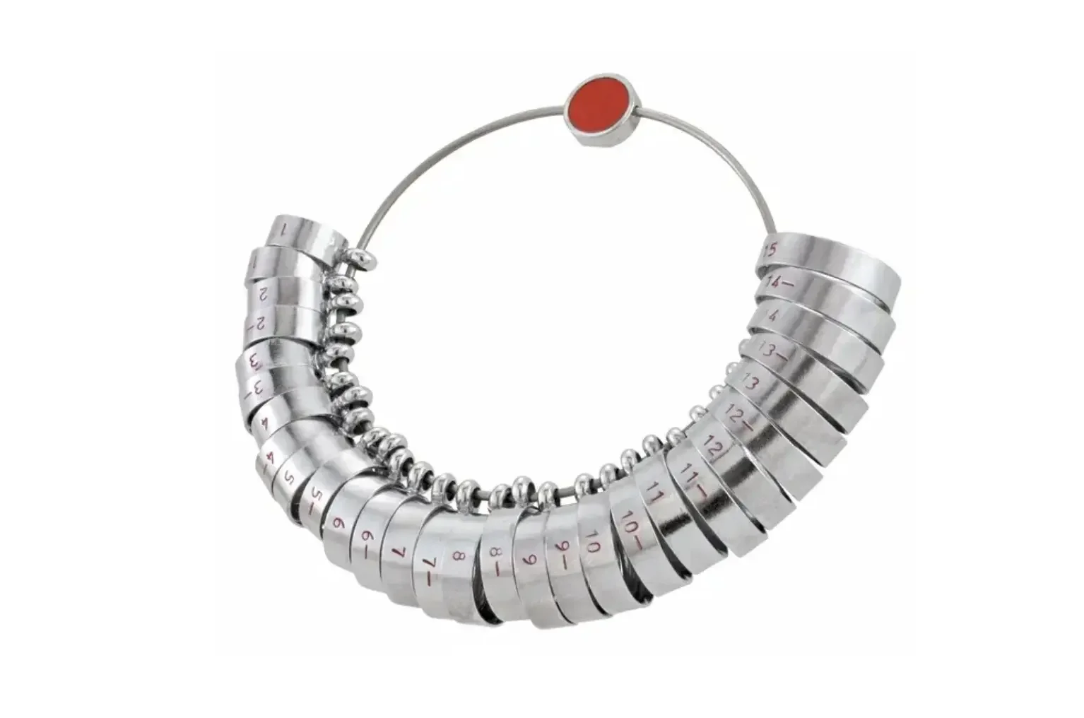 A silver finger sizer with adjustable bands numbered 1 to 15, connected by a chain with a red circular element at the top.