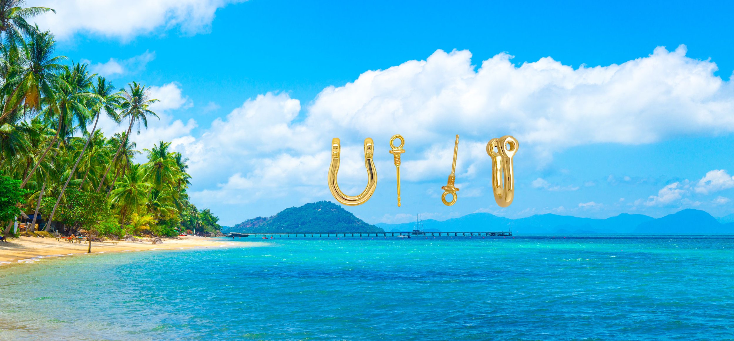 tropical beach with palm trees, ocean, and floating golden hardware items in sky