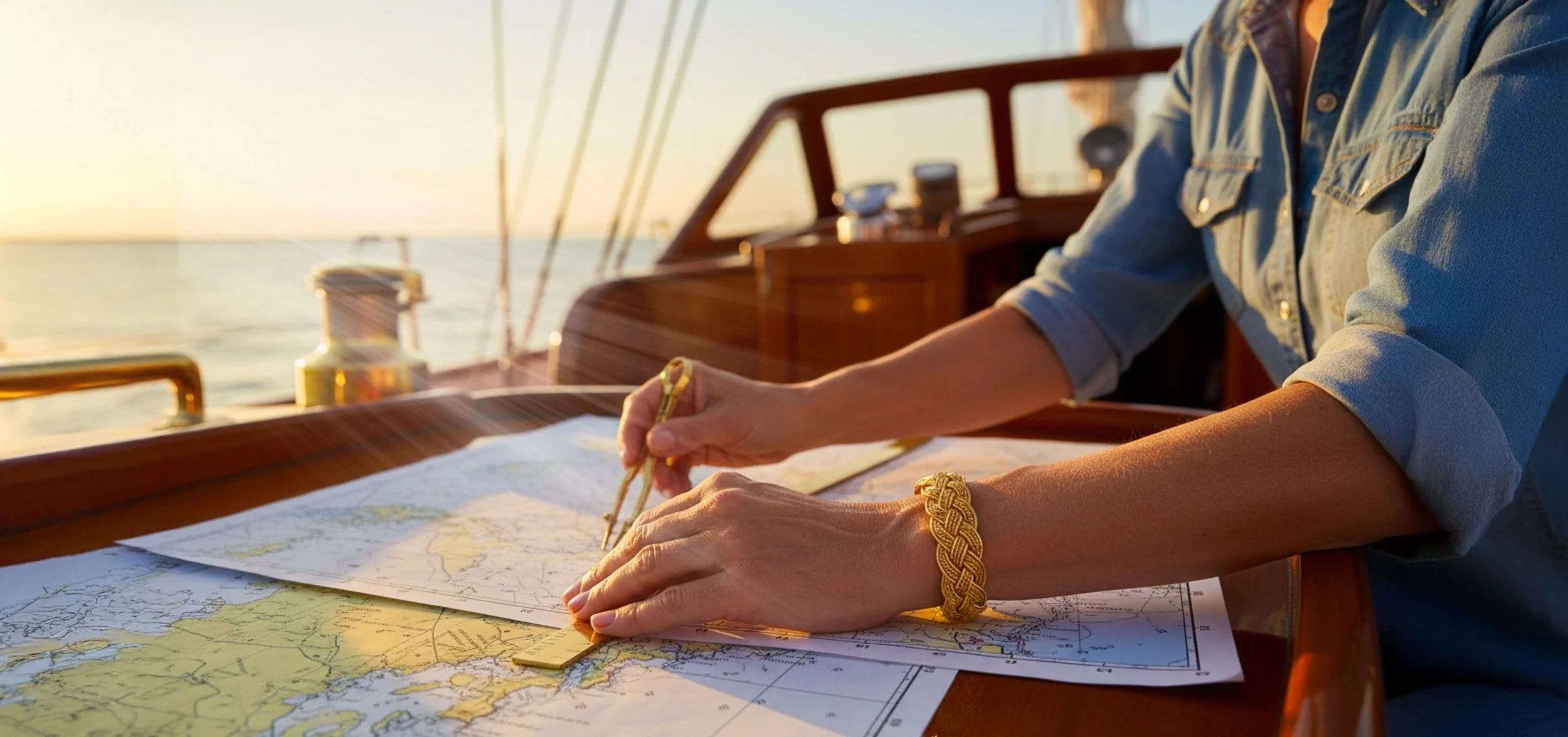 Person using a navigation chart on a boat at sunset