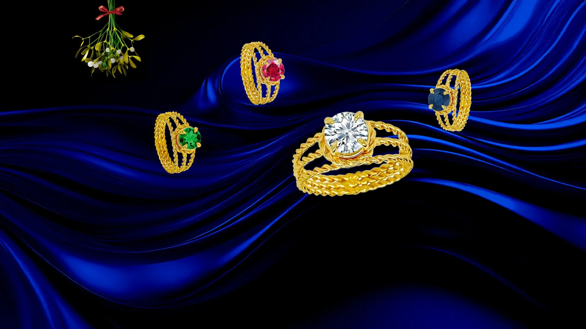 Solid gold jewelry set including a large ring with a central clear gemstone, and four matching rings with colored gemstones (pink, blue, green, and clear).