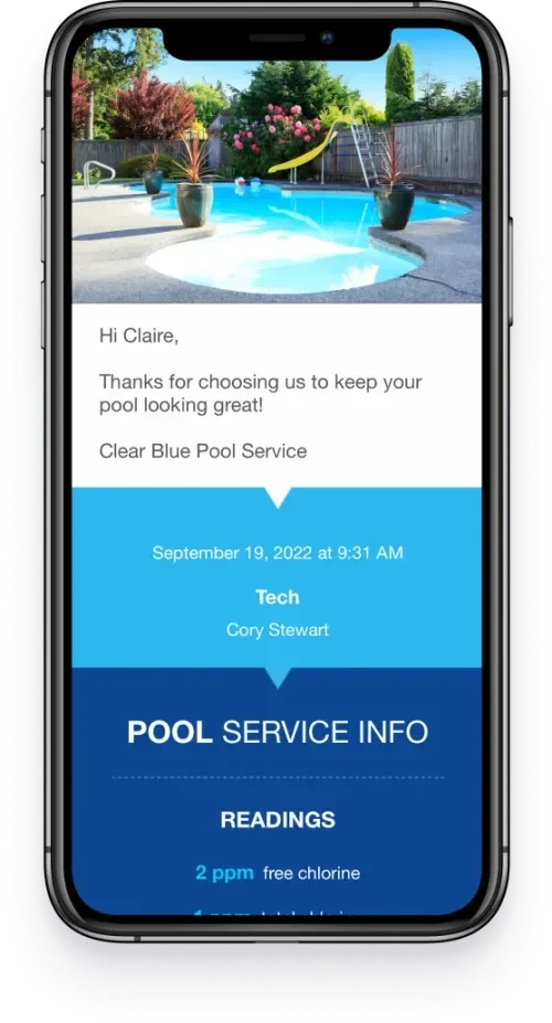 Skimmer Software Service Email sent to customers of Blue Tide Swimming Pool Service after technicians service the customer's pool.