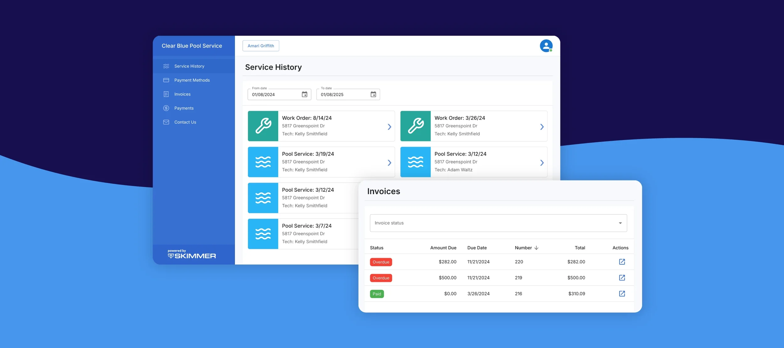 Screenshot of a Skimmer's Customer portal Menu for Blue Tide Swimming Pool Service's customers to be able to access information about their swimming pool service, billing, and other records