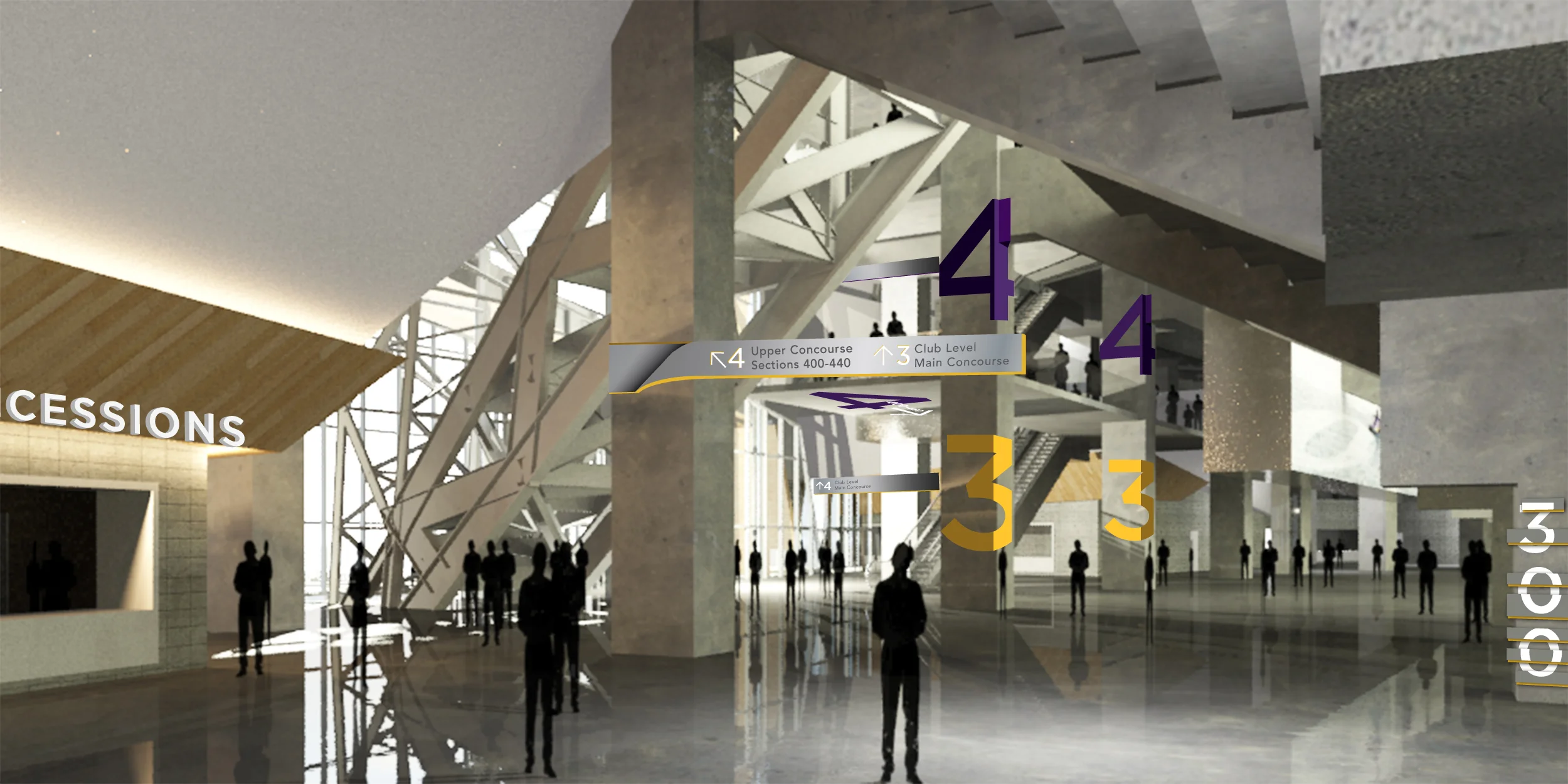 The north and south sides of the stadium are denoted by purple or gold numbers/markers