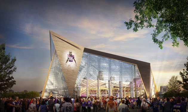 Exterior rendring depicting the U.S. Bank Stadium on opening day