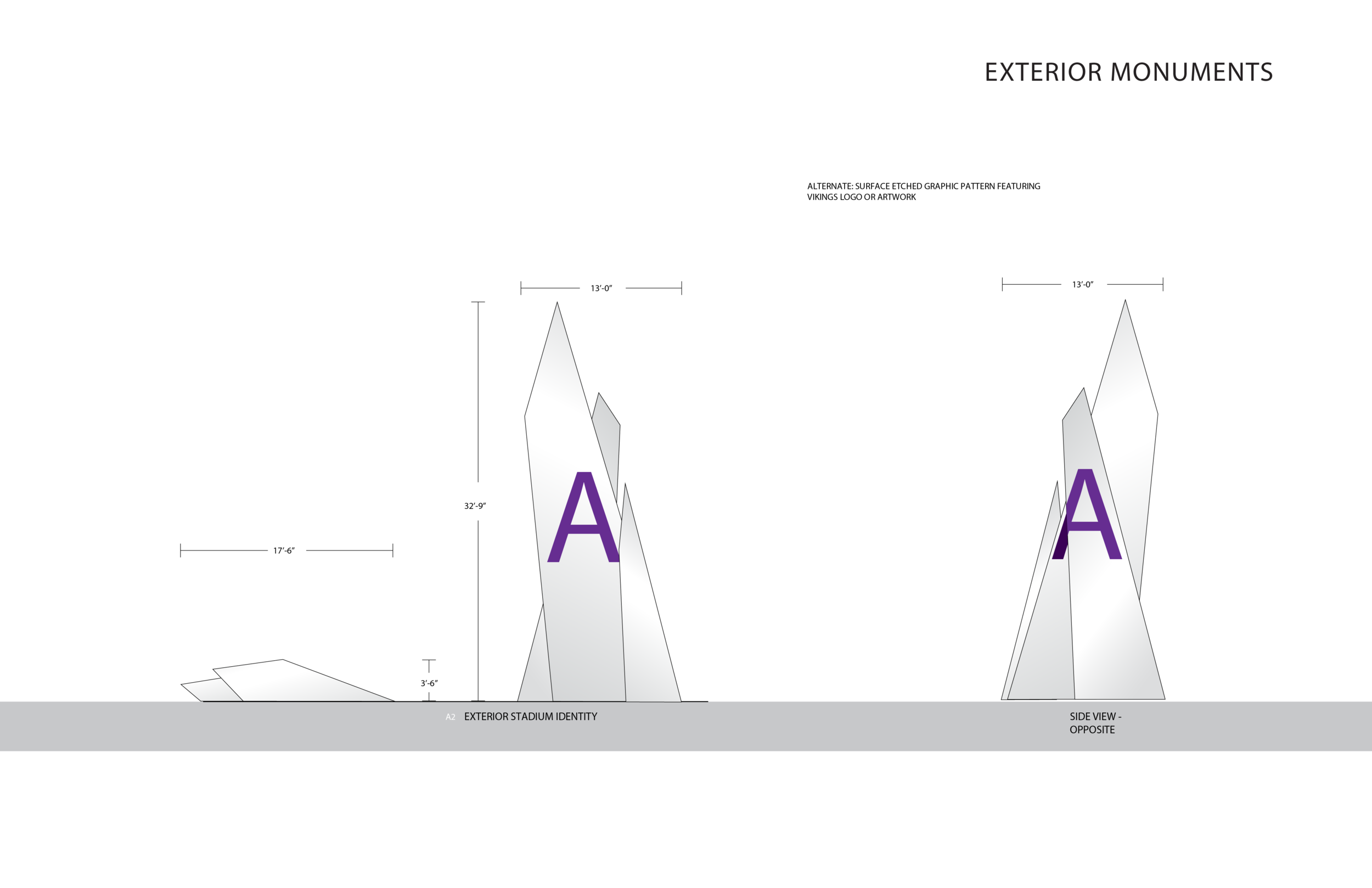 Exterior monument signs inspired by the angled walls and faceted plan es of the stadium’s interior