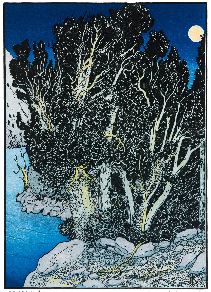 "Moonlit Sierra Pines” is a 6 block multi-color woocut print completed in late 2018. The sketch was made by the shore of Upper Rae Lake in Sequoia Nat’l Park. Killion initially carved 5 blocks with Japanese-style kento registration notches for printing with traditional Japanese moku hanga hanprinting techniques. He studied this process, using these blocks, in Kyoto in October 2018, and produced a small set of moku hanga prints of the image. When he returned to California, Killion carved a 6th (tint) block and printed an edition of 160 prints using his usual oil-based inks and hand-cranked proof press.Some of the steps in this learning experience are shown on the right.
