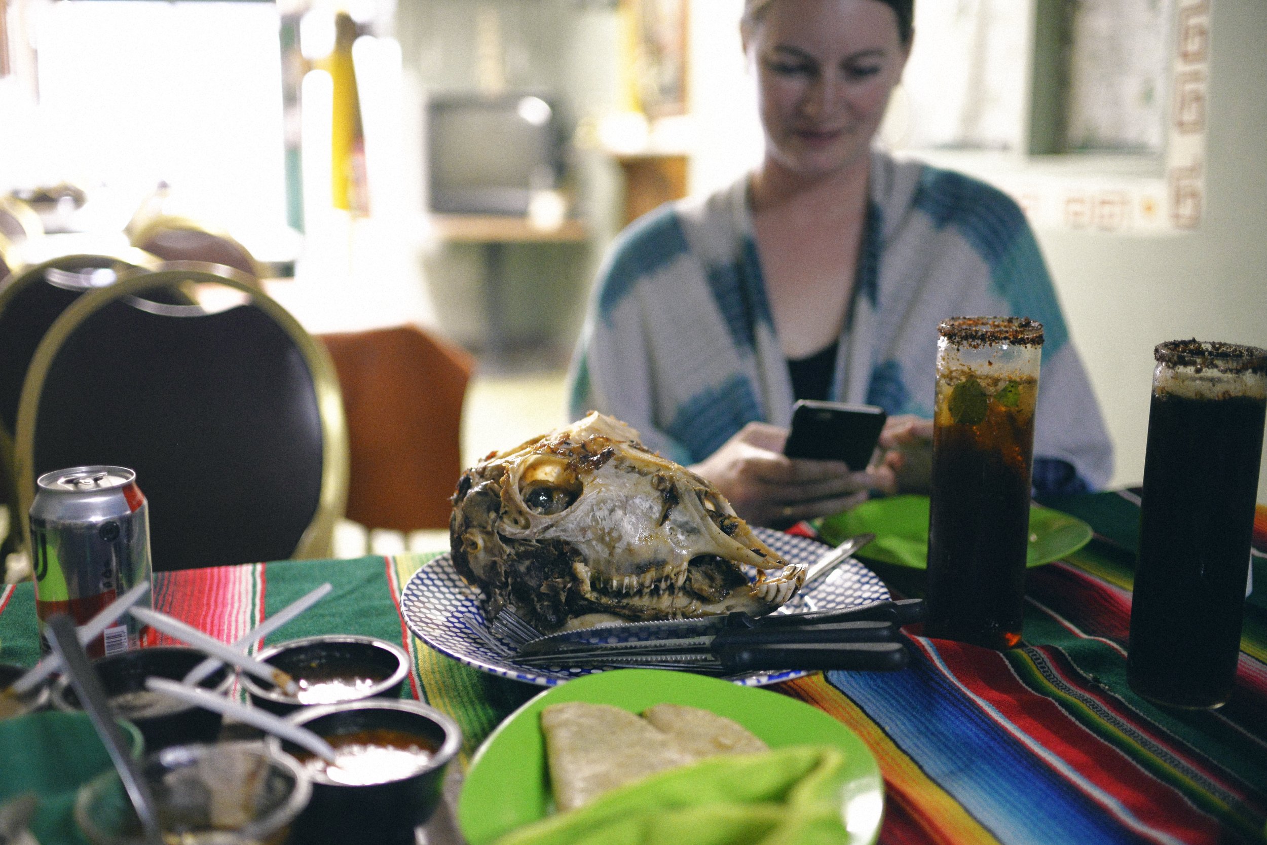 Tacos de cabeza de borrego (and me, obviously instagramming) at Tacos de Huitzilopochtli