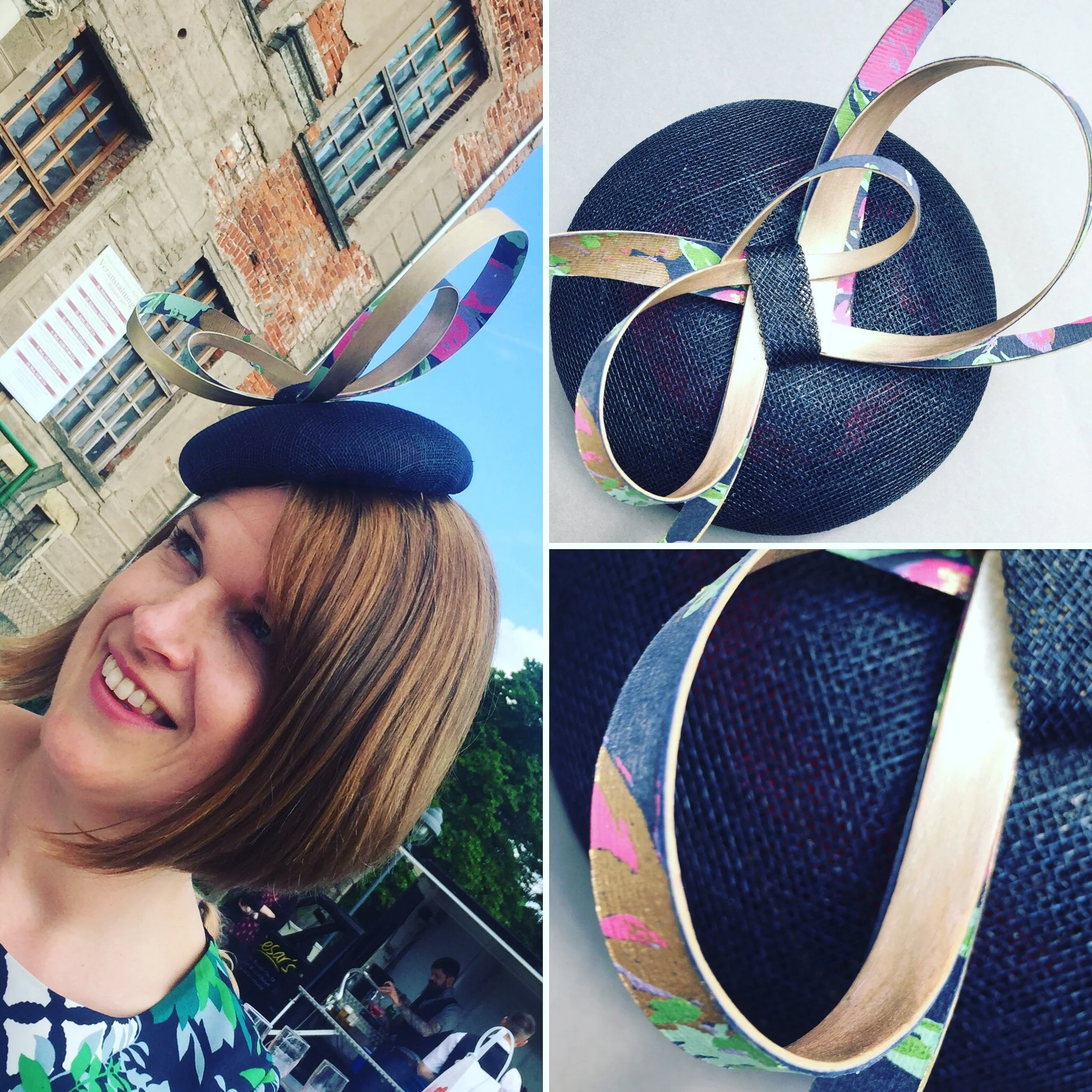 Navy sinamay button perch hat with trim made from beech veneer laminated with gold embossed paper and handpainted. 