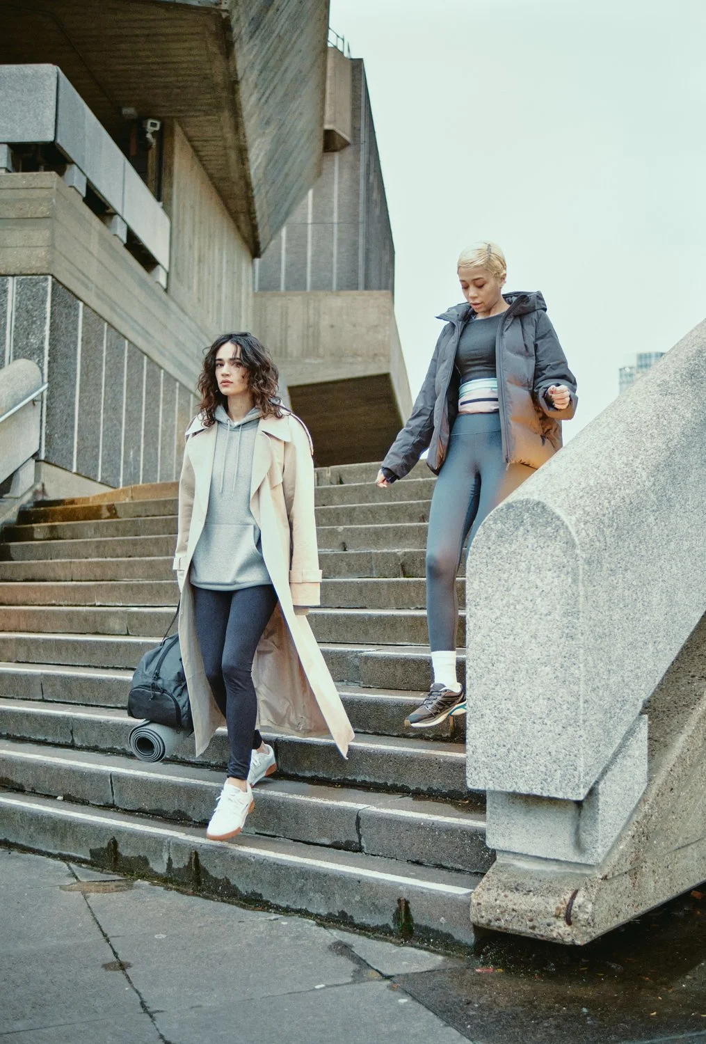 Model wearing Eastpak streetwear photographed on location at London Southbank during a commercial lifestyle campaign.