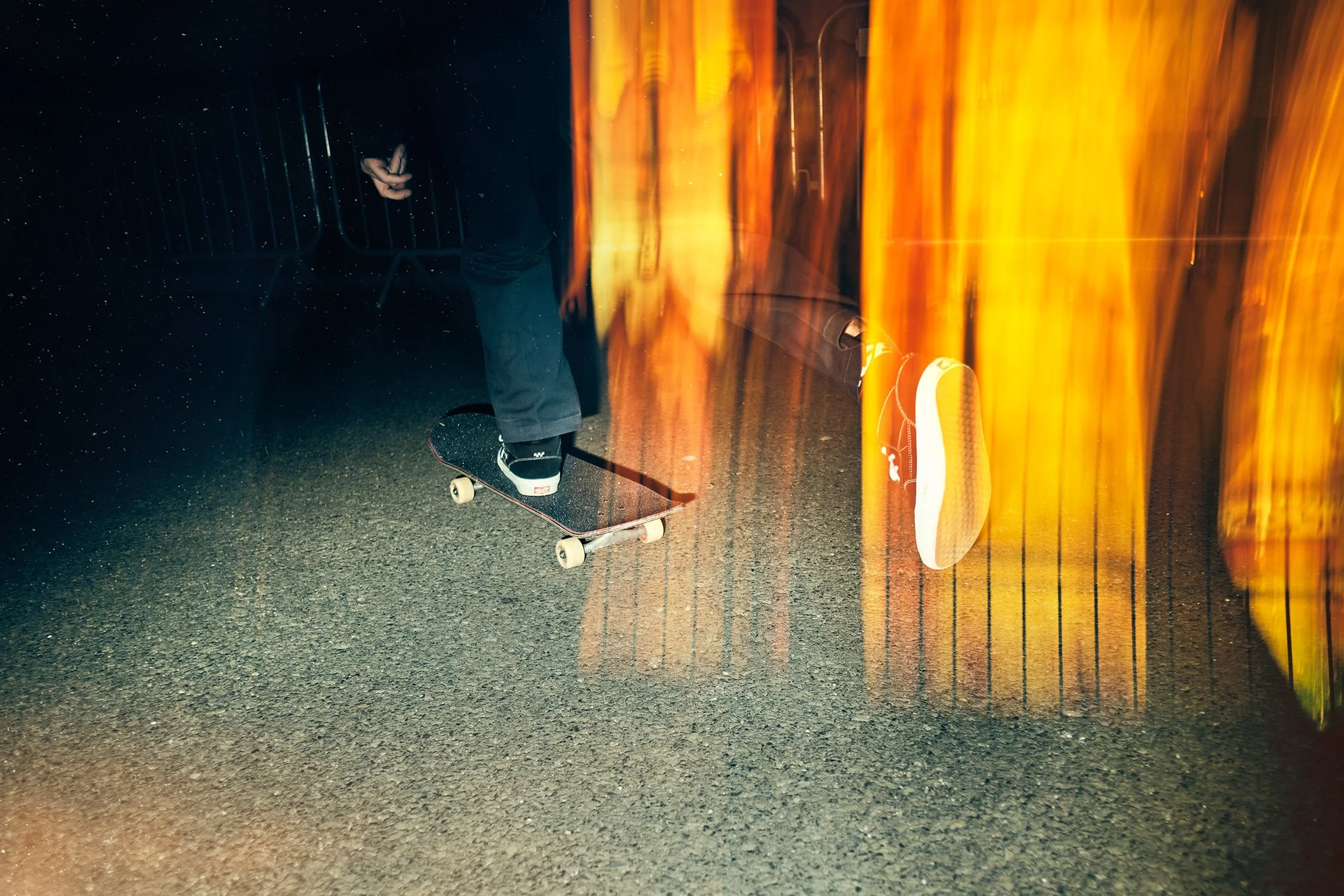 Palace Skateboards rider Danny Brady photographed during the Blackpool Illuminations using creative front flash photography. Authentic skateboarding, youth culture and streetwear photography by commercial photographer Daniel Allison.