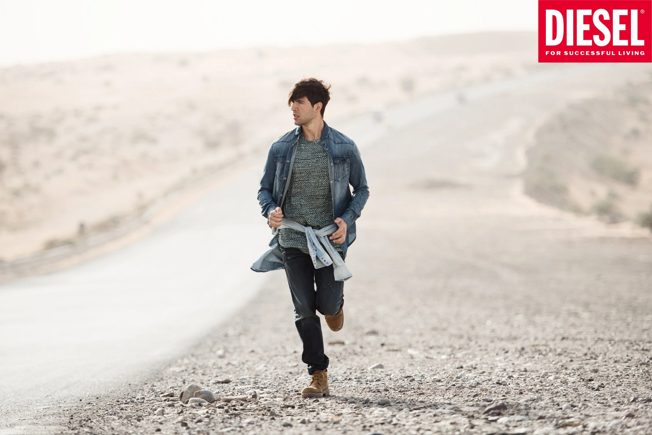 Diesel menswear photographed on location in the Dubai desert for an international fashion campaign.