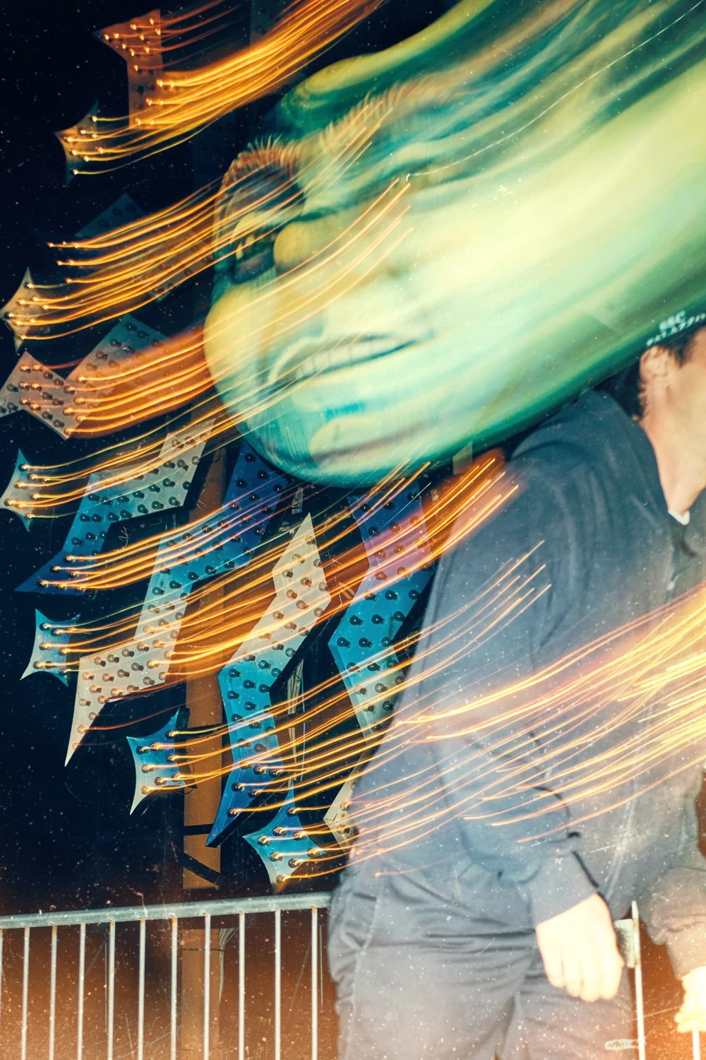 Palace Skateboards rider Danny Brady photographed during the Blackpool Illuminations using creative front flash photography. Authentic skateboarding, youth culture and streetwear photography by commercial photographer Daniel Allison.