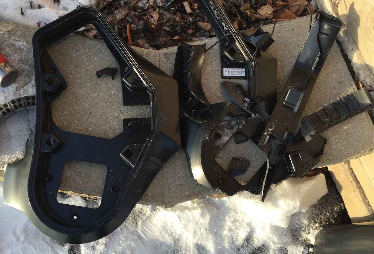 Deflector hammer smash test. Parts were left out at -28 Celsius overnight, the original design was tested on both parts here in January of 2016, only test here was new material. The Deflector shown on the right received 5 blows with the hammer to completely shatter it. The Deflector shown on the left received 15 blows with the hammer and only one chunk was broken off, though you can see the dents in the material and the places the hammer hit. After this test we proceeded to enhance the design and the thickness of the material, which again improved the strength as shown in the video.