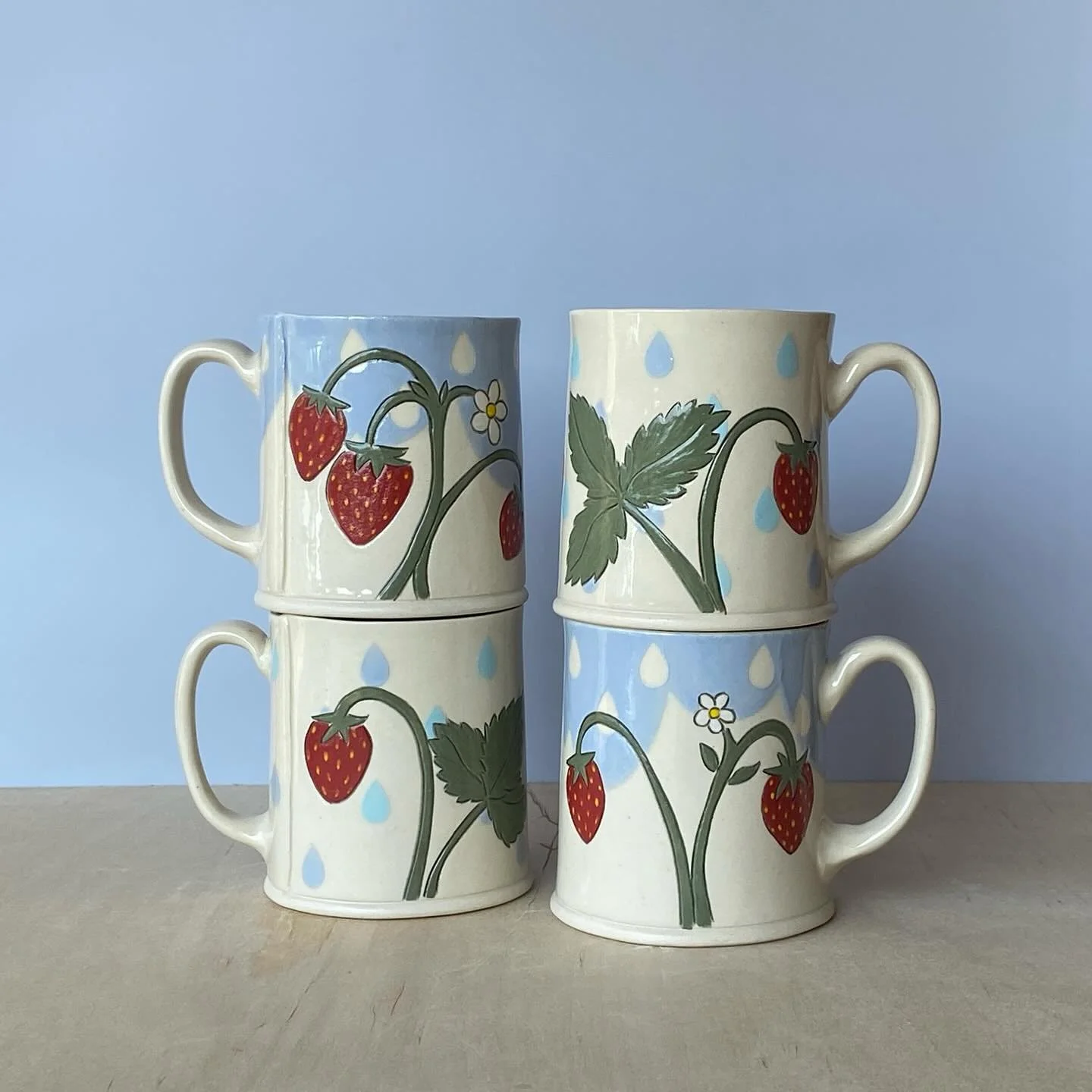 Strawberry mugs for the end of summer. 🍓 
I&rsquo;ll be in booth 57 at the White Oak Craft Fair today from 9-5 and tomorrow from 10-4. 
See you soon! 
.
.
.
.
.
.
.
.
#localpottery #handmade #handmadepottery #slabpottery #inspiredbynature #ceramics 