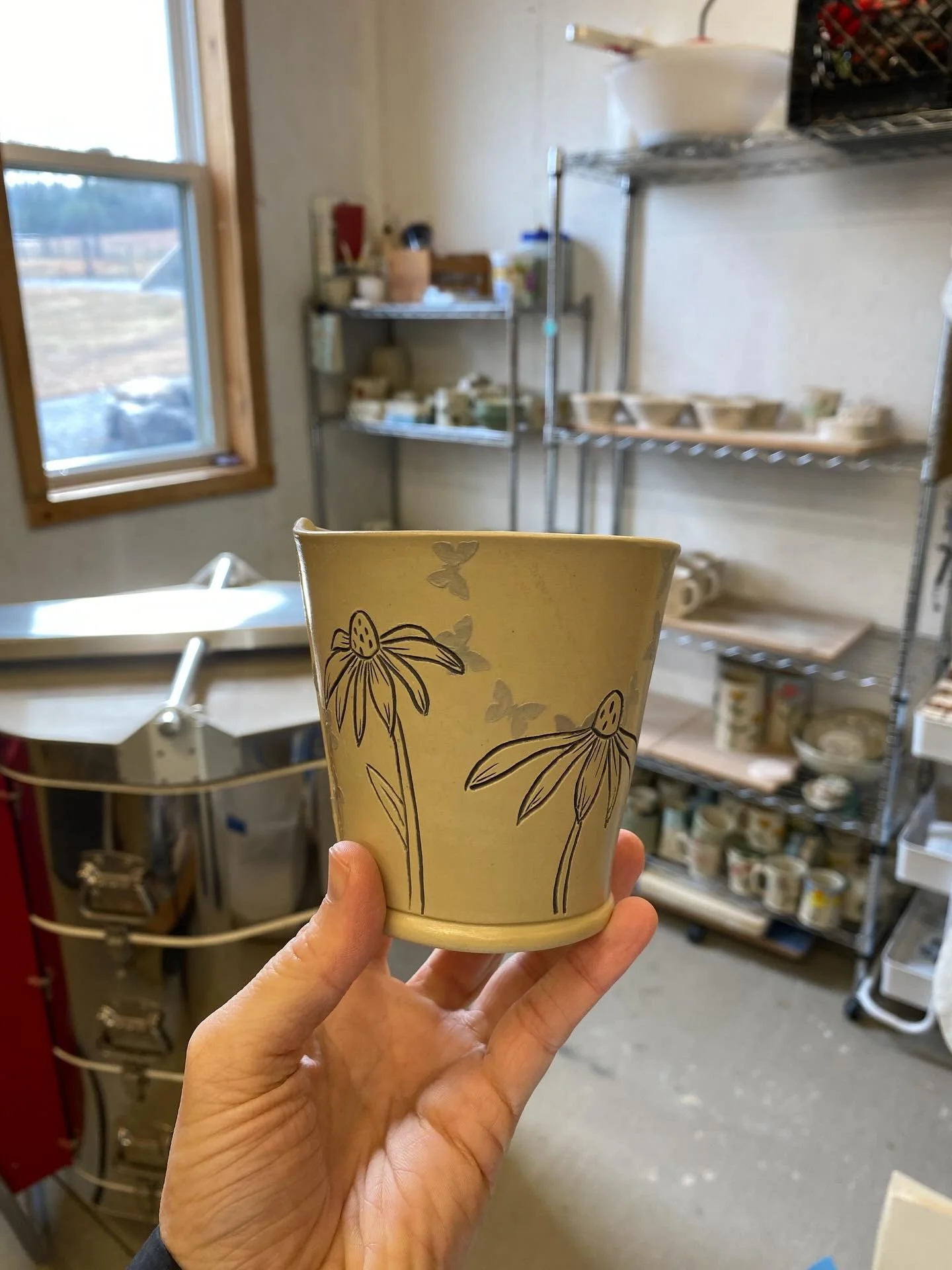 A few pots from this week. 
I&rsquo;m working on my familiar designs along with the new. 
Taking quiet studio time to turn all the mess into flora and fauna. 
.
.
.
.
.
.
.
.
.
.
#handbuiltpottery #slabpottery #handmade #slowmade #madebyhand #ceramic