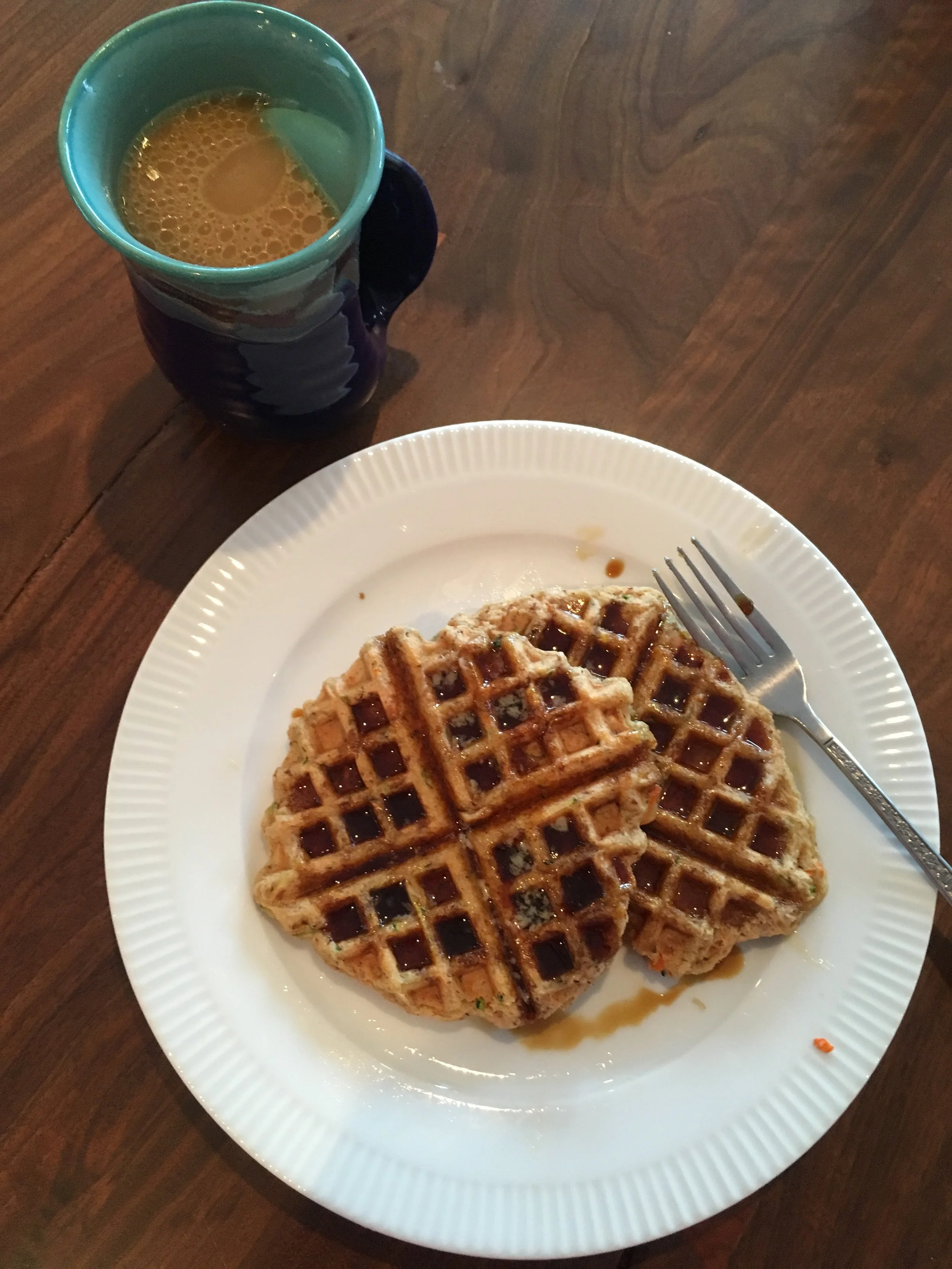 Zucchini Carrot Waffles and coffee with coconut oil and coconut cream:) 