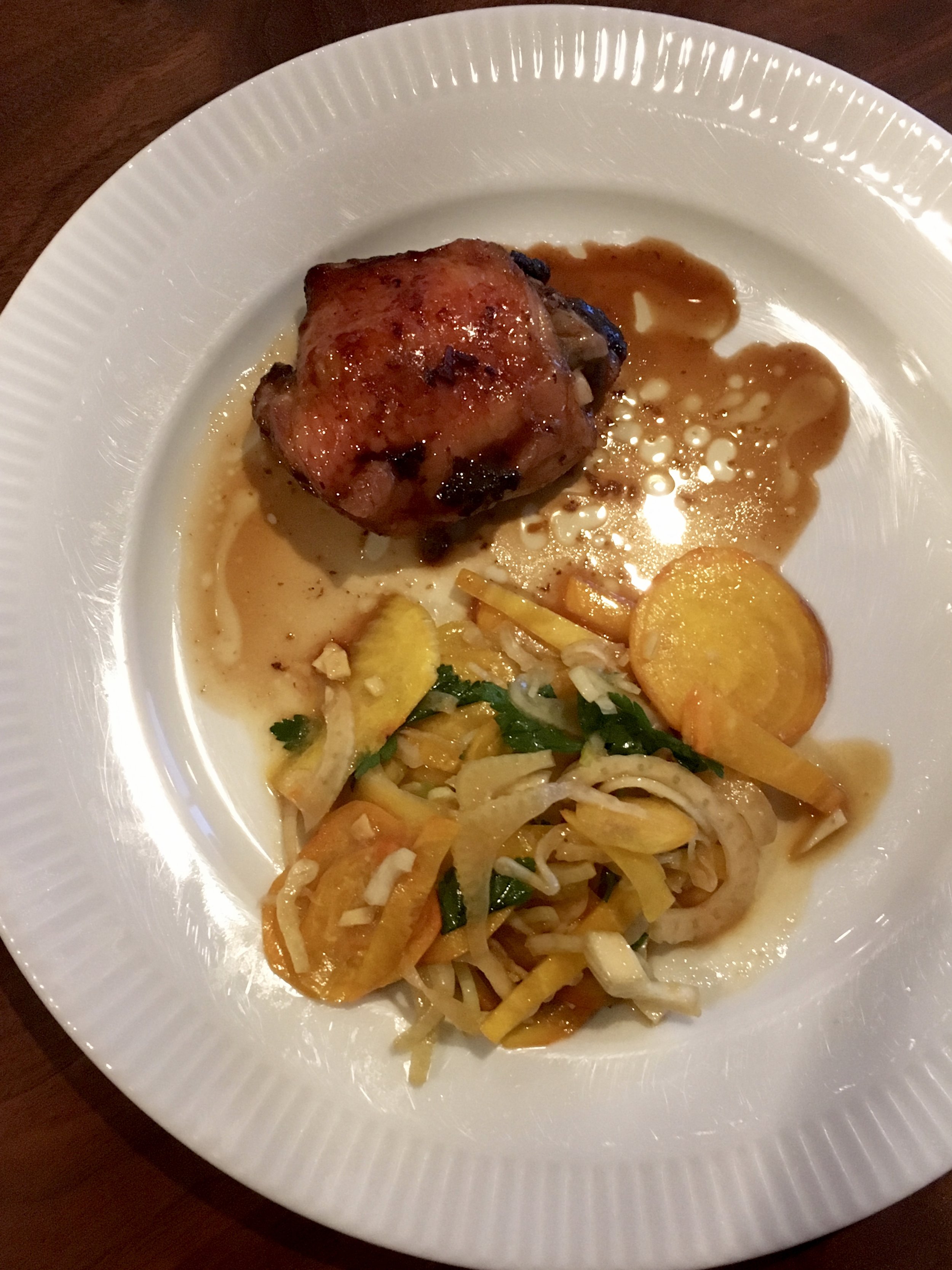 Ginger Glazed Chicken with Ginger Miso Golden Beet and Fennel Salad. I substituted honey for the stevia in the salad and it was yummy! 