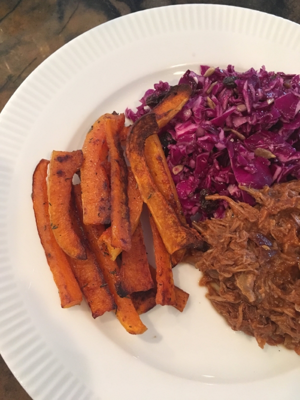 Crockpot BBQ Pulled Pork , Cinnamon and Thyme Butternut Squash Fries shown here with Spicy Rainbow Slaw with the vinaigrette option, raisins and sunflower seeds! 