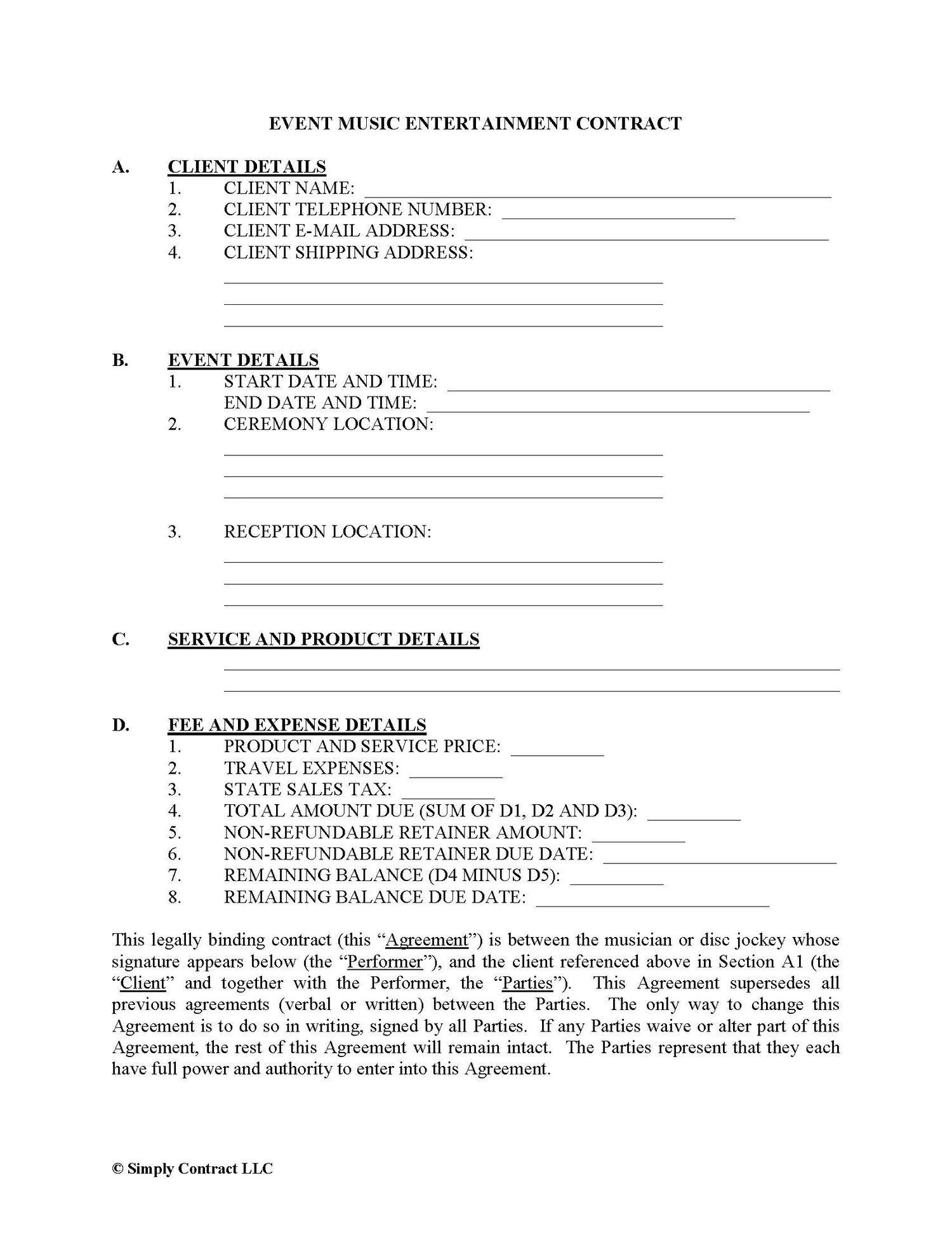 Music Entertainment Contract Simply Contract