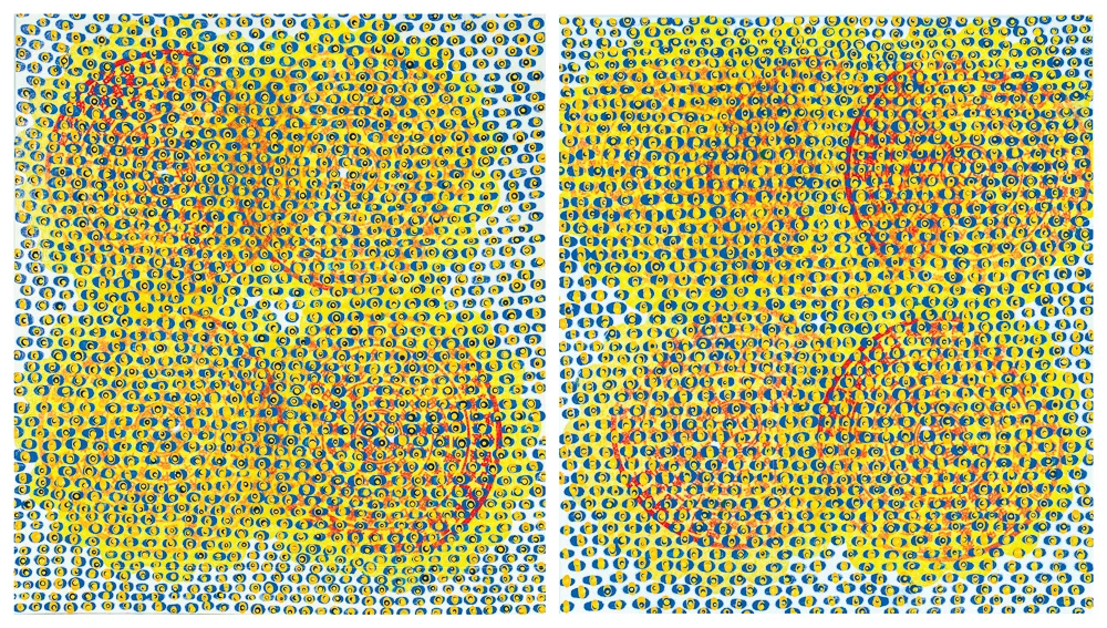 Trying To Be Together diptych mixed media on paper 9 x 16.5" 2017