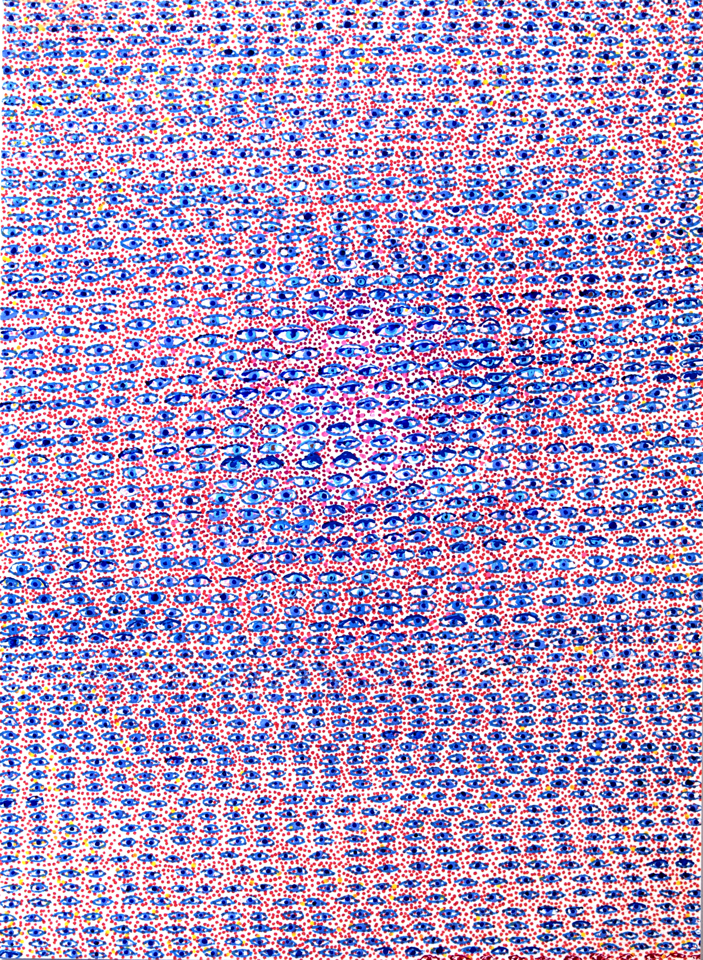 Scratchy Blues , 2021, acrylic and Posca pen on paper, 13.25 x 10”