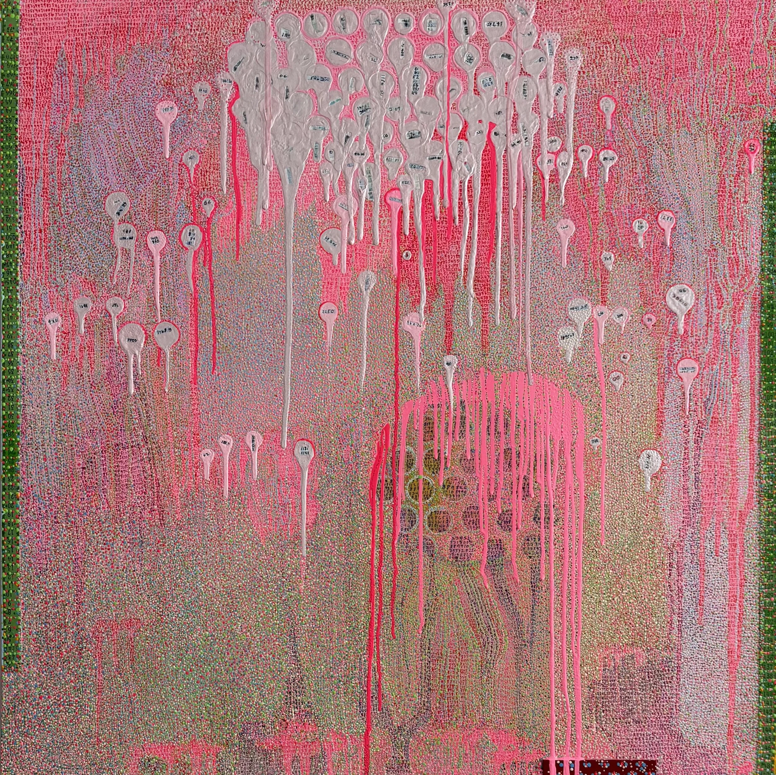 Dots, Drips and Dumbers , 2025, mixed media on panel, 34 x 34" ( detail image )