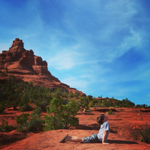 Jack doing yoga at Bell Rock
