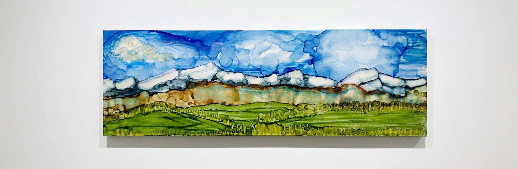 Estibal, 2023. Alcohol ink on ceramic tile, 4 × 16 in. (10 × 41 cm). Status: Private Collection.