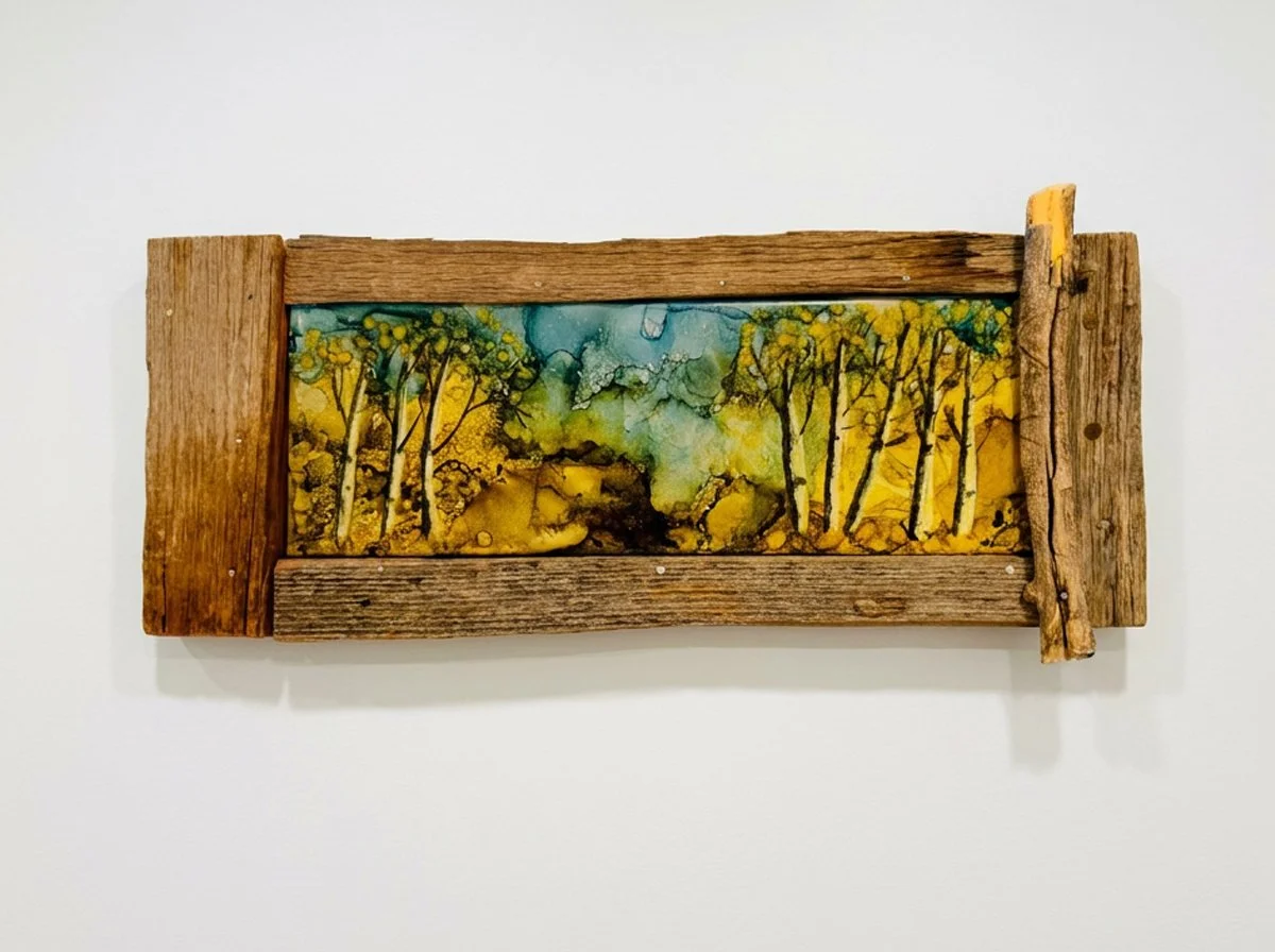 Golden Hour, 2026. Alcohol ink on ceramic tile, reclaimed Colorado wood, 7 × 19 in. (18 × 48 cm). Status: Private Collection.